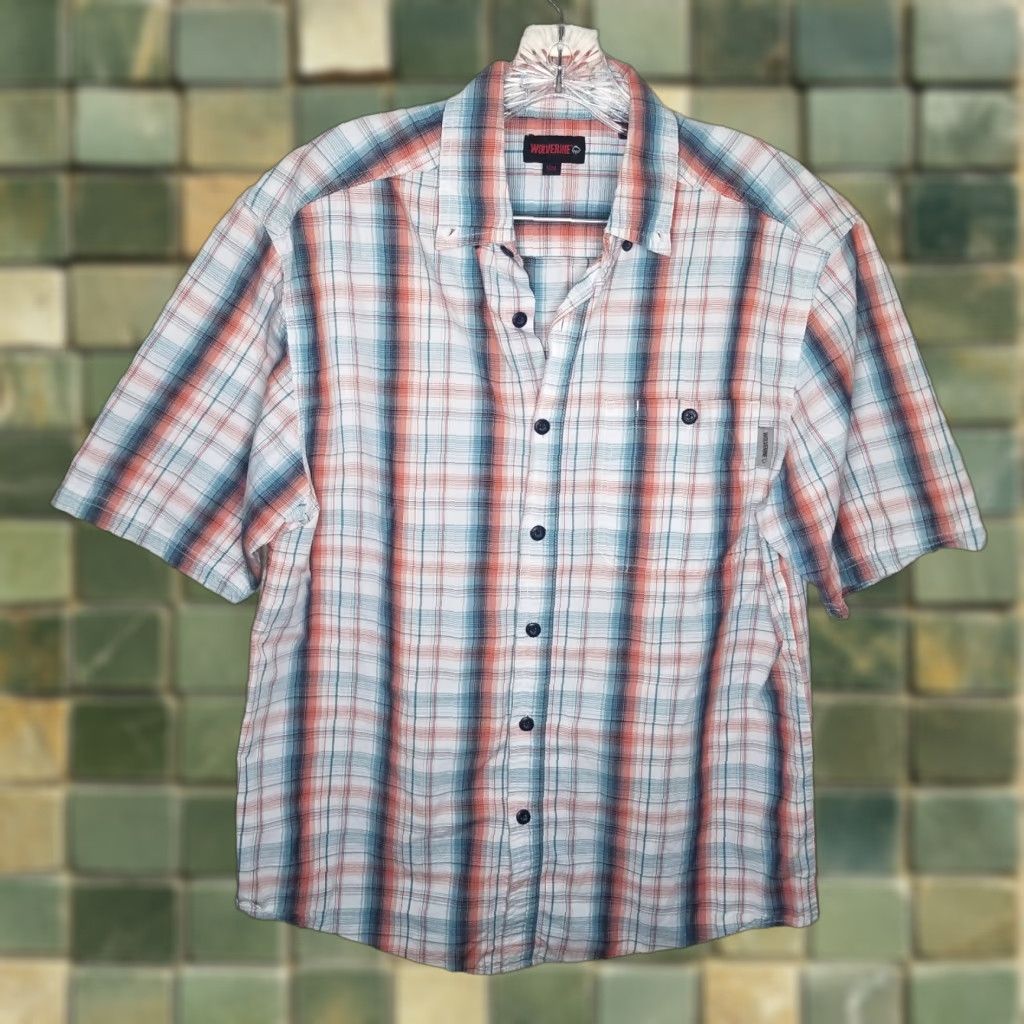 Vintage Wolverine Button-Up Shirt Mens Short Sleeve Plaid Lightweight Blue Orange Size M Size US 31 - 1 Thumbnail