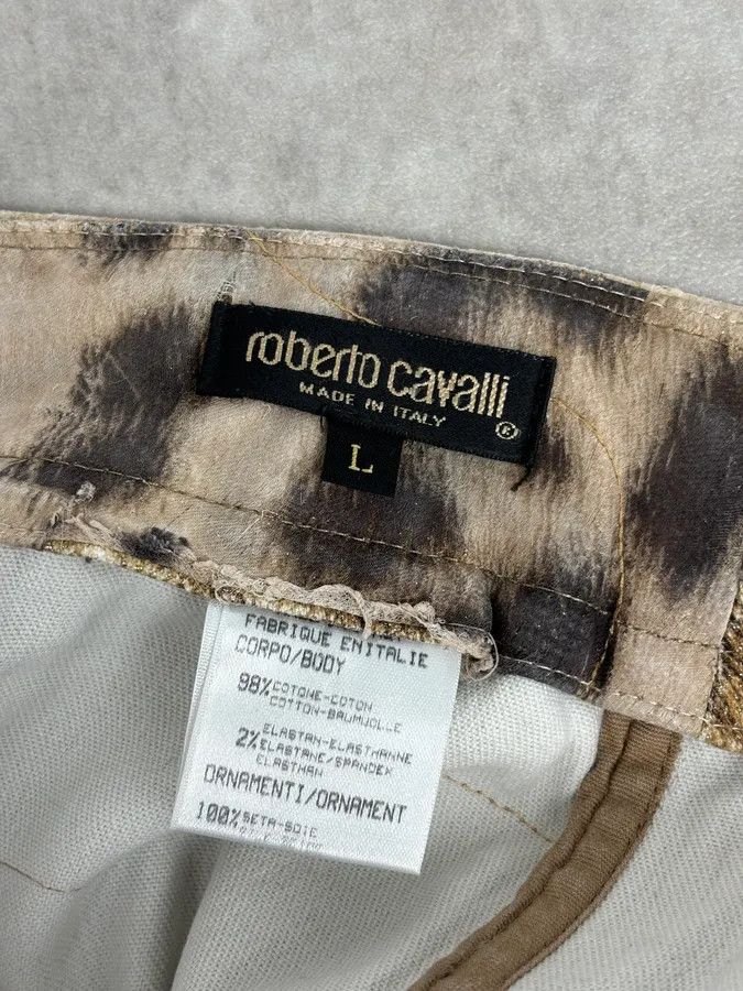 Roberto Cavalli 1990s Roberto Cavalli Beige Denim Destructured Leopard Skirt Size 30" / US 8 / IT 44 - 12 Thumbnail