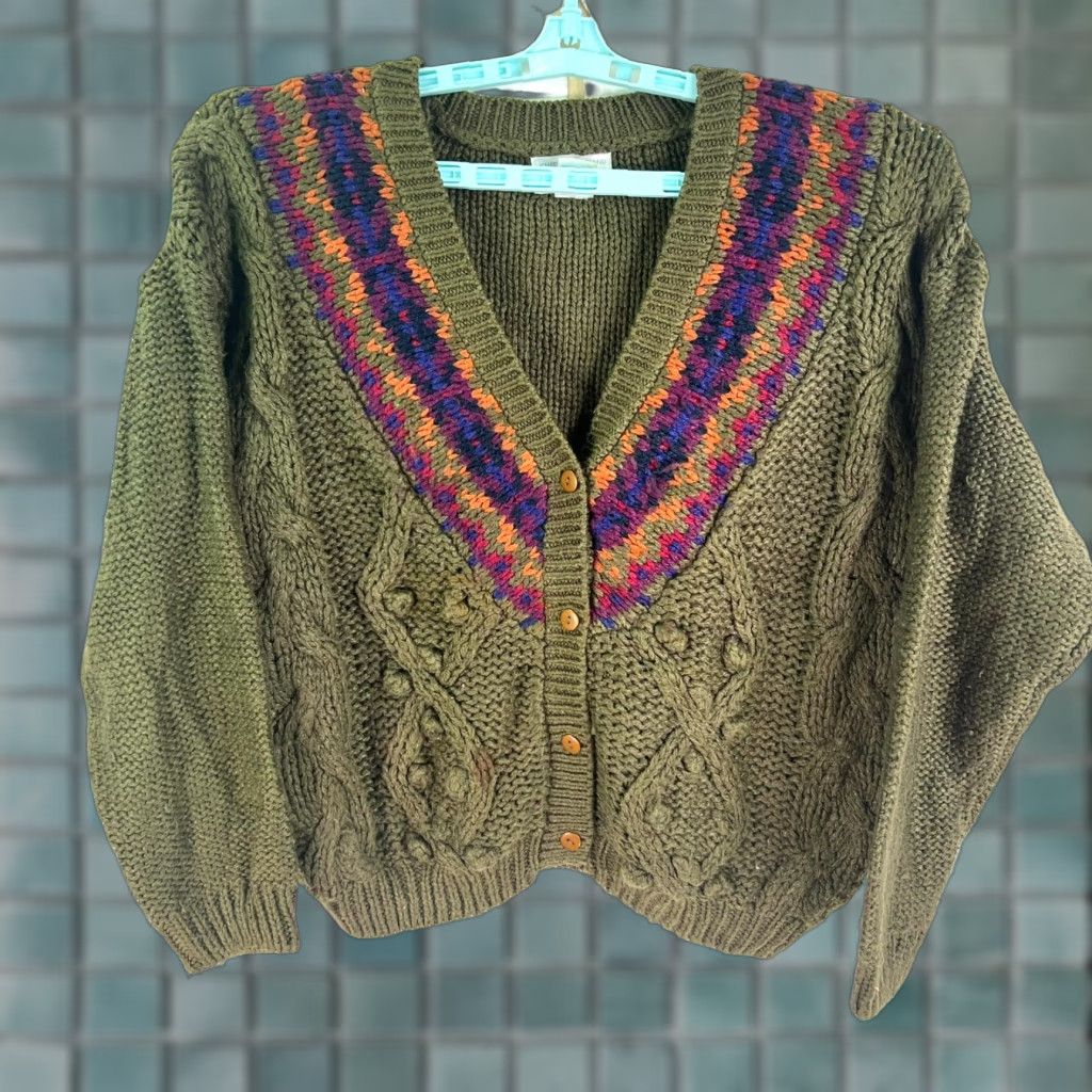 Vintage VINTAGE Jamie Scott Cardigan Sweater Women L Green/Purple Geometric 80s Knit Cable Knit V-Neck Asymmetrical Sleeve Button Size L / US 10 / IT 46 - 1 Thumbnail