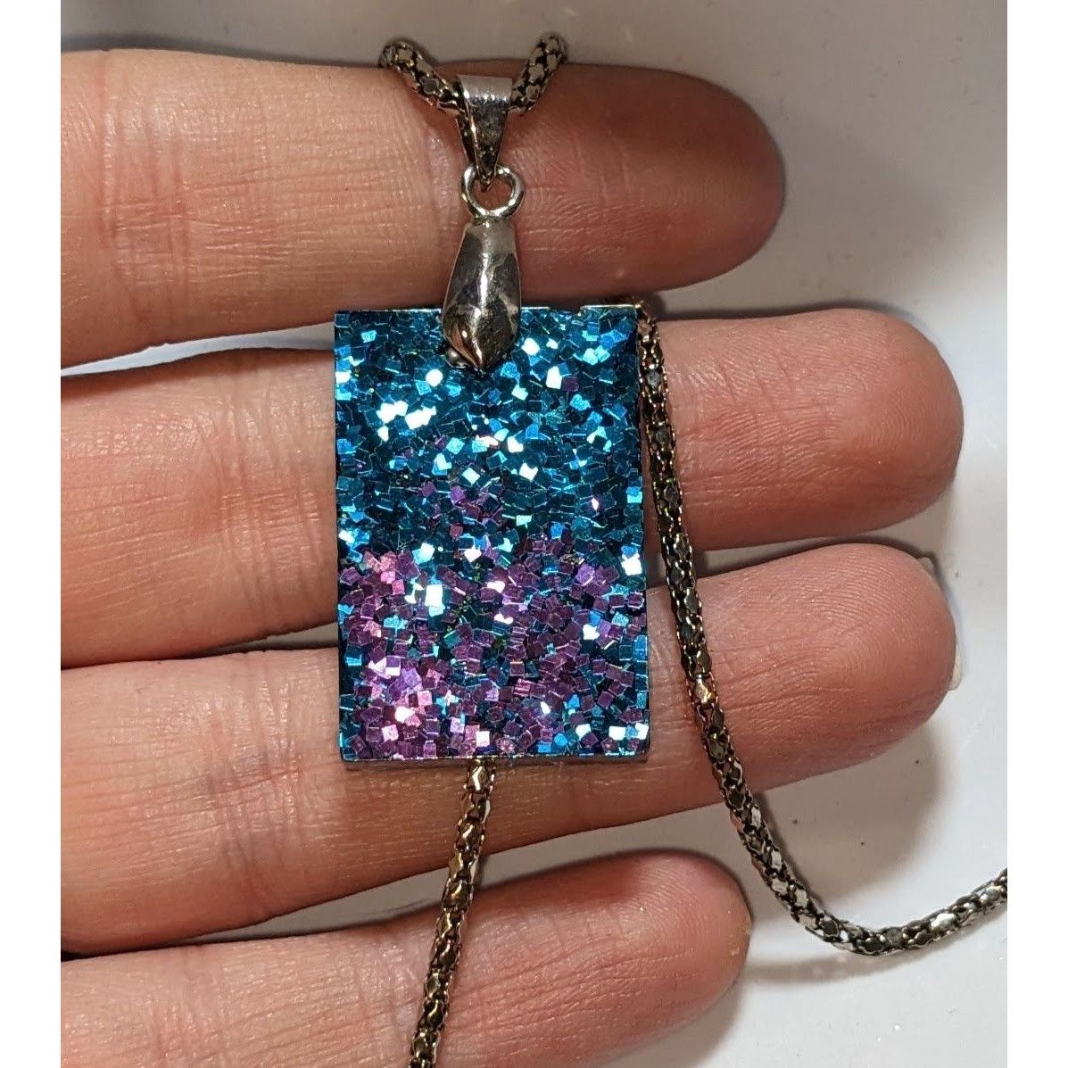 Handmade Whimsical Blue & Purple Glitter Pendant Necklace With Silver Size ONE SIZE - 5 Thumbnail