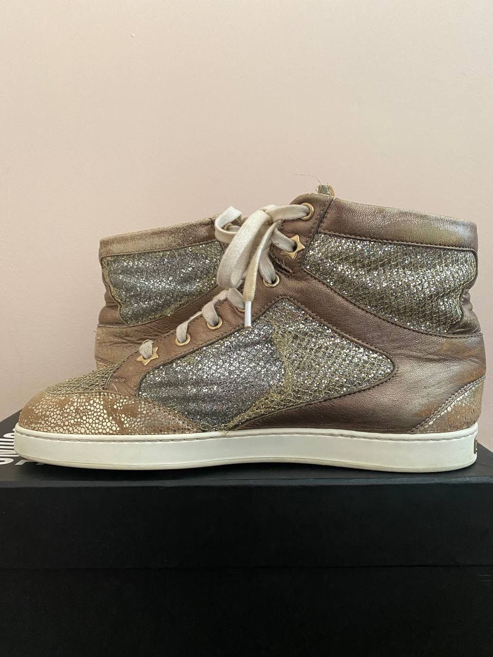 Jimmy Choo Jimmy Choo Metallic Gold Leather And Glitter Miami High Top Size US 8 / IT 38 - 9 Thumbnail