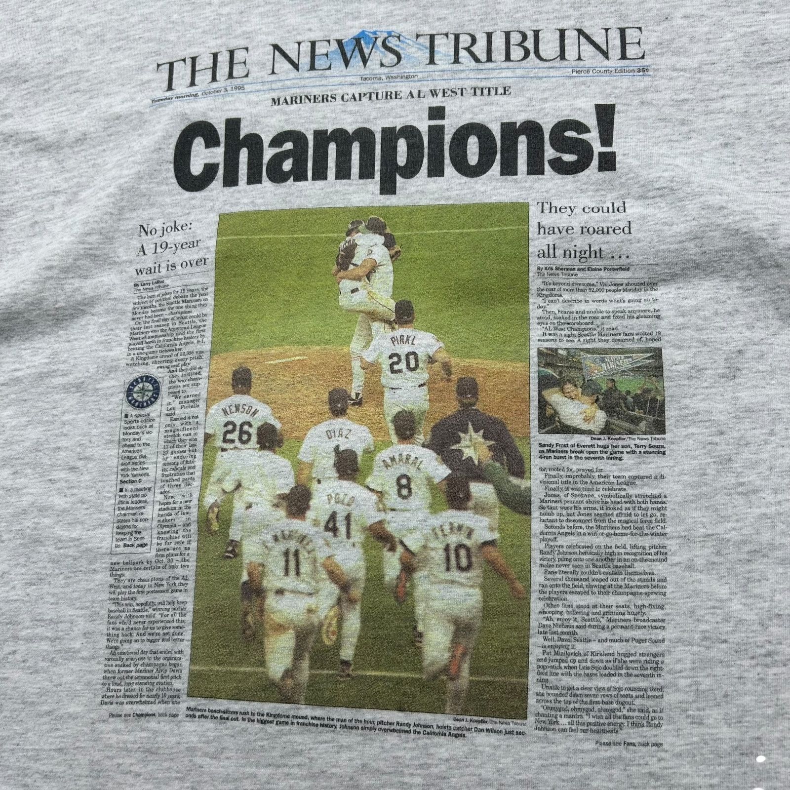MLB VTG 90s MLB SEATTLE MARINERS 1995 NEWSPAPER CHAMPIONS Size US XL / EU 56 / 4 - 3 Thumbnail