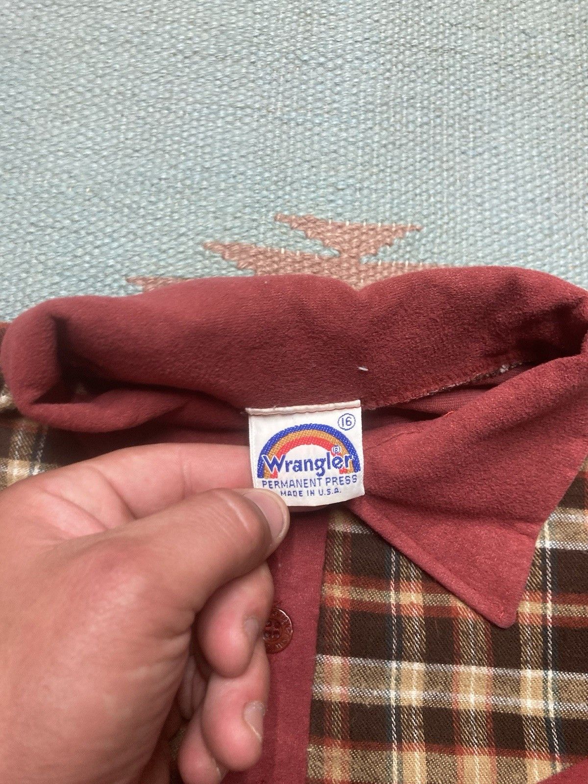 Vintage × Wrangler Vtg 70s polo shirt wrangler velour plaid boys 16 men’s XS Size US XS / EU 42 / 0 - 6 Thumbnail