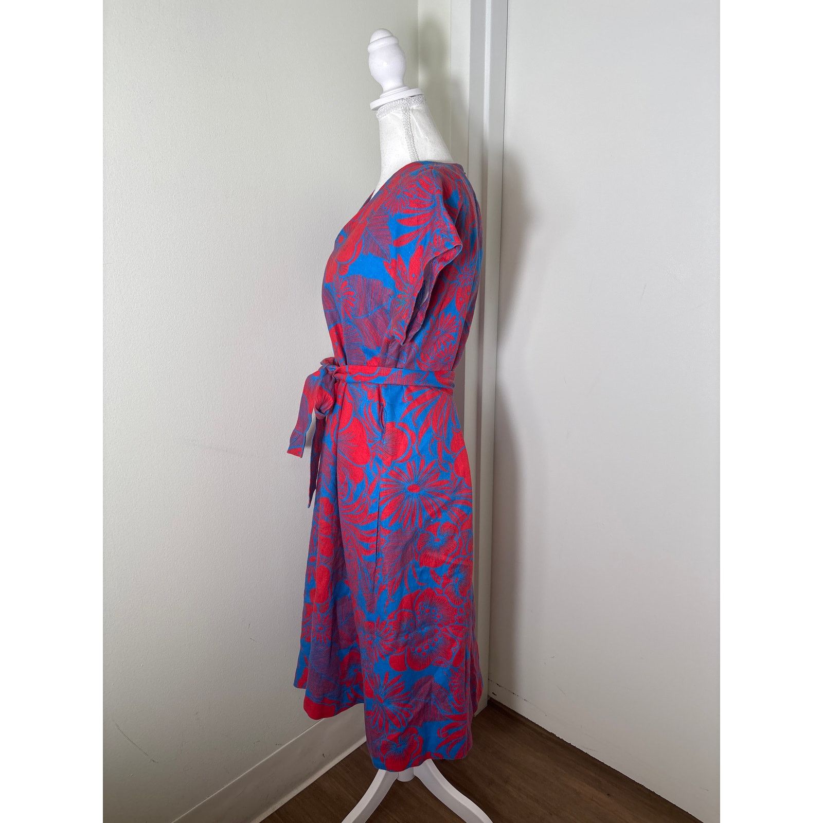 Hobbs London Hobbs Blue Red Cap Sleeve V-Neck Linen Midi Dress Sz 8 Size M / US 6-8 / IT 42-44 - 2 Thumbnail