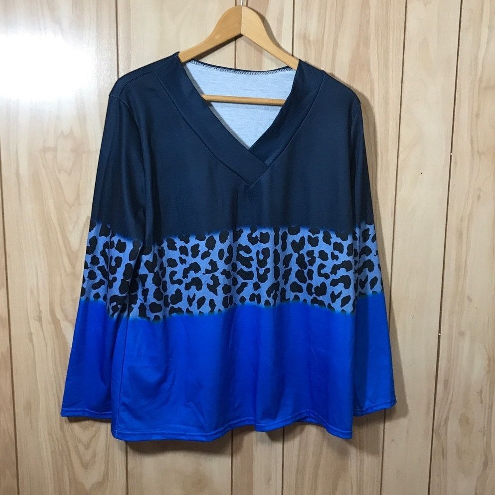 Other Blue Leopard Panel V Neck Long Sleeve Top XXL Size XXL / US 16-18 / IT 52-54 - 1 Thumbnail