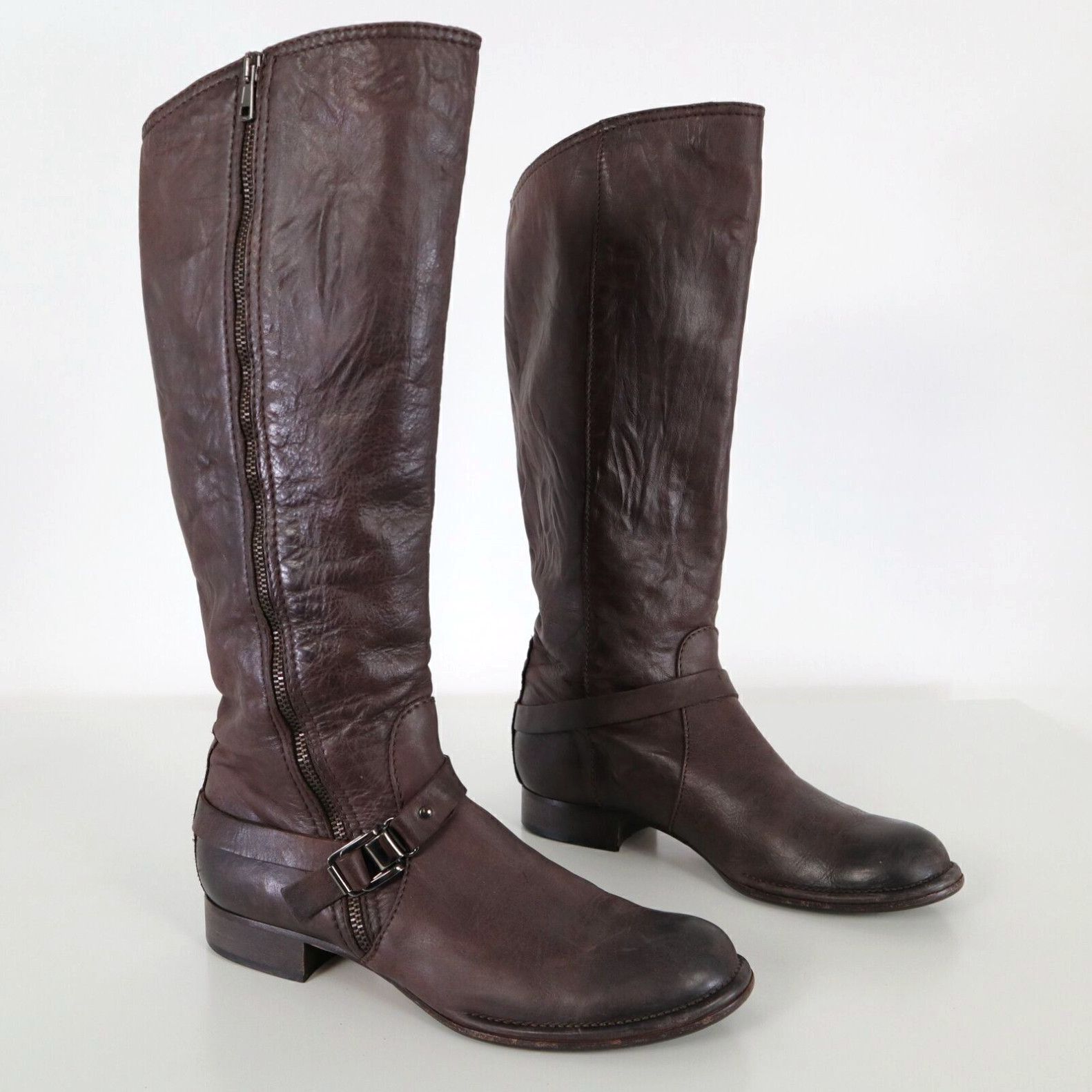 image of Alberto Fermani Tall Boots Womens 9 39.5 Brown Leather Zipper Strap Buckle in White