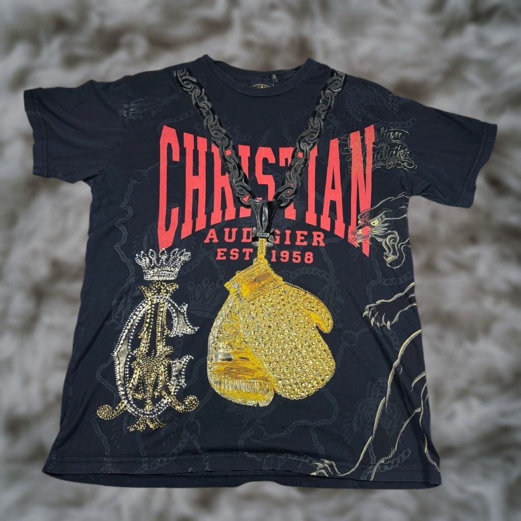 Vintage VINTAGE Christian Audigier Shirt XL Unisex Graphic Print T-Shirt with Rhinestone Boxing Gloves NYC Crown Panther USA Size US XL / EU 56 / 4 - 1 Thumbnail