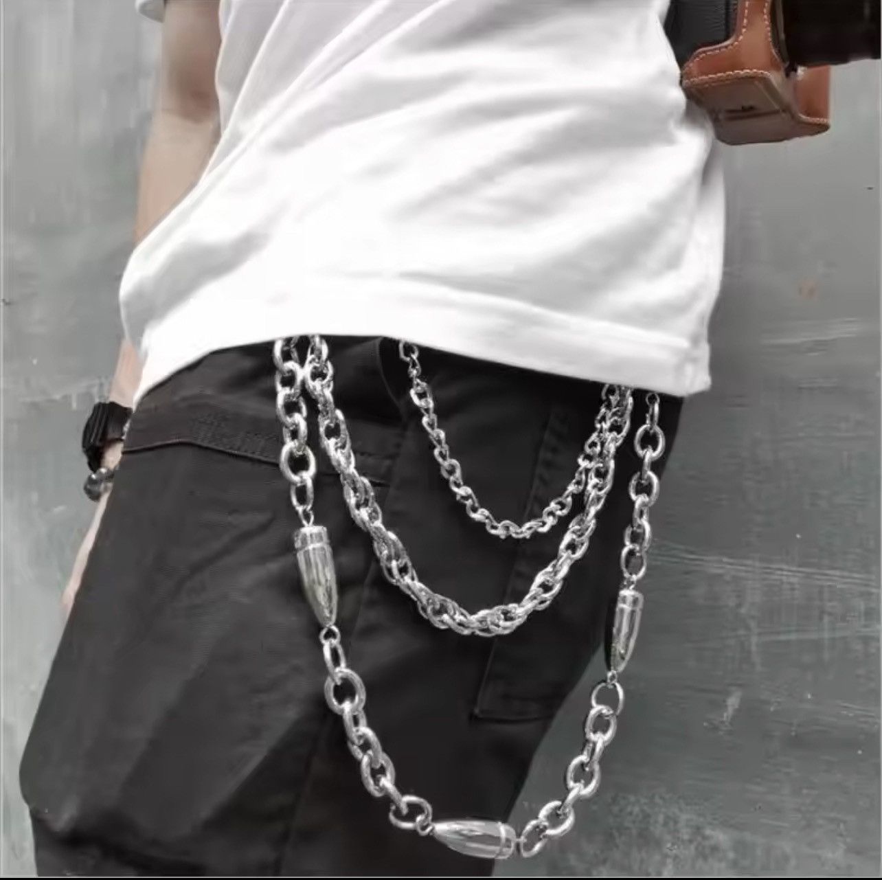 Jewelry 3 Layers Punk Long Metal Wallet Belt Chain in Silver, Men's