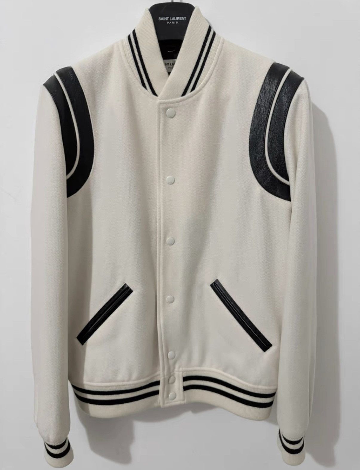 Saint Laurent Paris SLP) 21FW Wool Leather-Paneled Black/White Varsity Jacket Size US XL / EU 56 / 4 - 1 Thumbnail