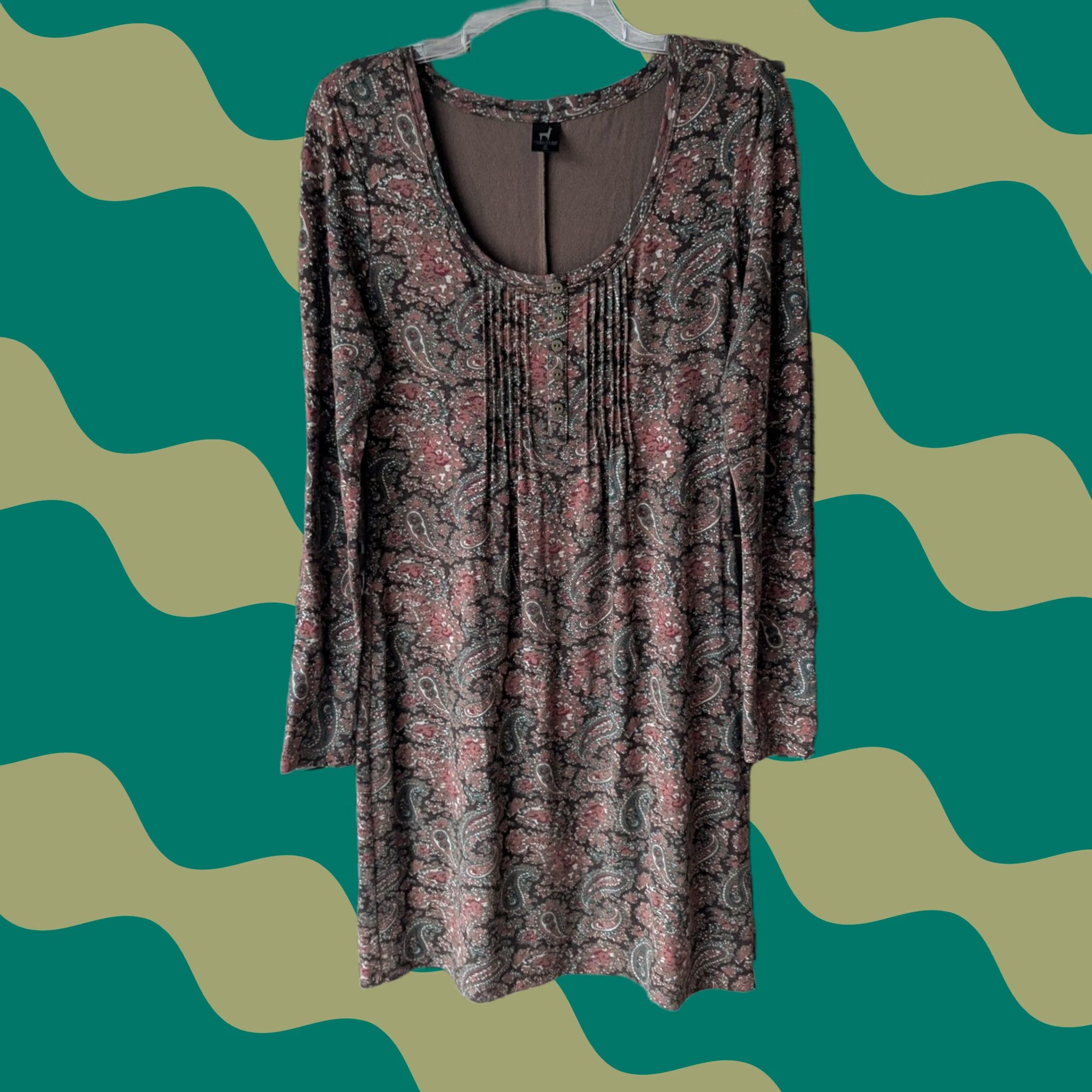 Vintage Peruvian Connection Dress Brown Paisley Long Sleeve Boho Soft Comfy Stretch Med Size M / US 6-8 / IT 42-44 - 1 Thumbnail