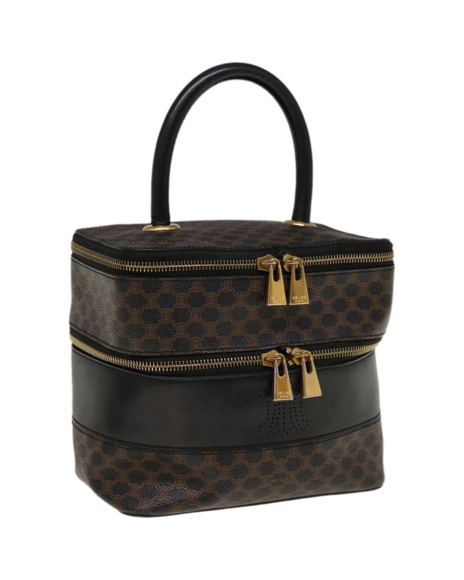 image of Brown Canvas Cosmetic Pouch With Black Macadam Pattern By Celine, Women's