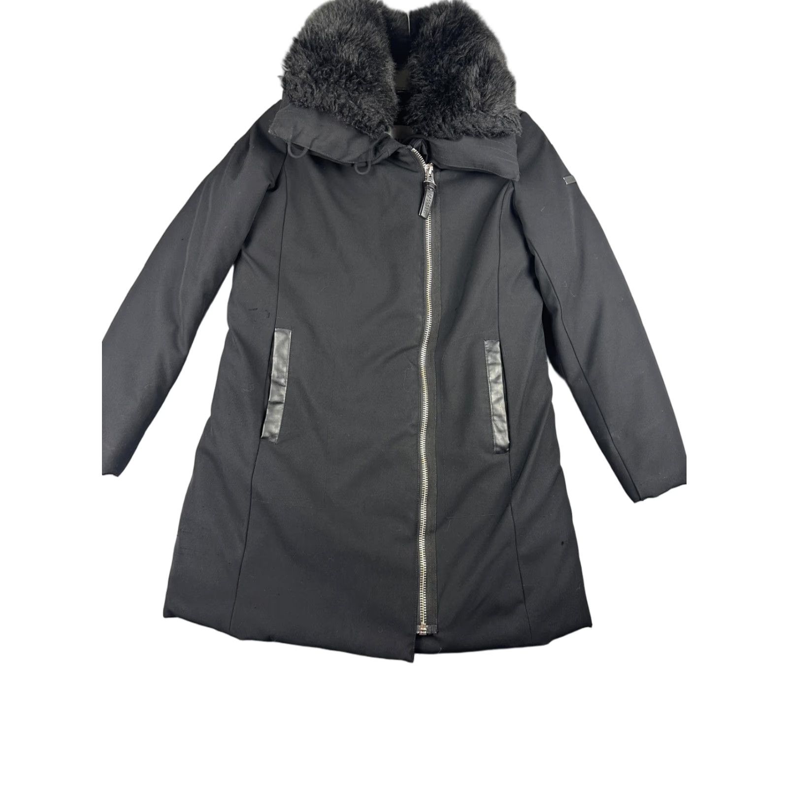 Vintage Derek Lam 10 Crosby Jacket Womens Small Black Faux Fur Hood Long Zip Coat Size S / US 4 / IT 40 - 1 Thumbnail