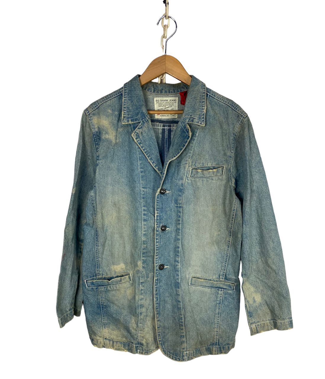 image of Denim Jacket x Distressed Denim Vintage Big Shark Jeans Button Up Distressed Jacket in Blue Distres