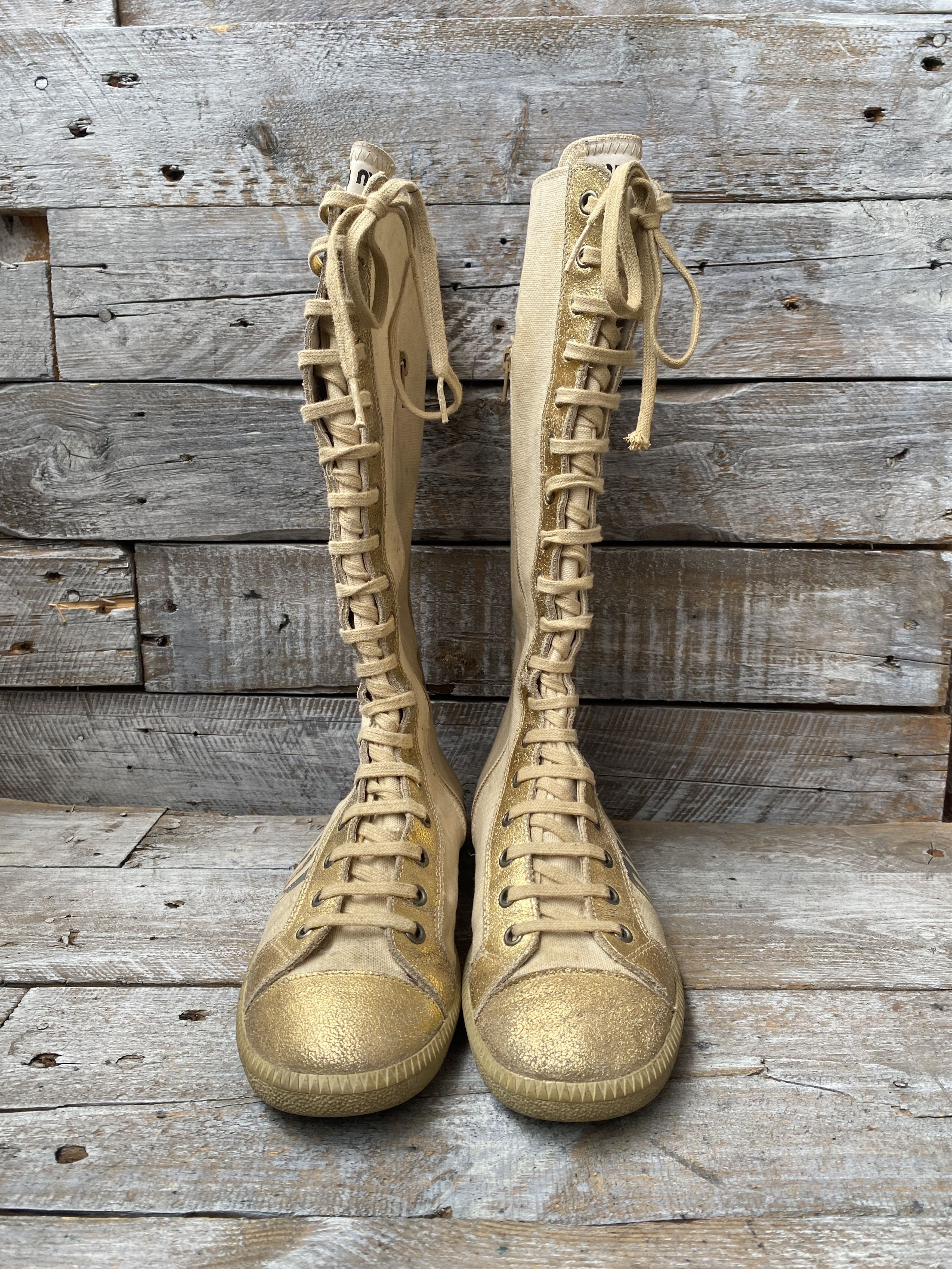 Miu Miu Vintage 90's Miu miu boxing canvas gold sneakers sz38,Y2k Size US 8 / IT 38 - 1 Thumbnail