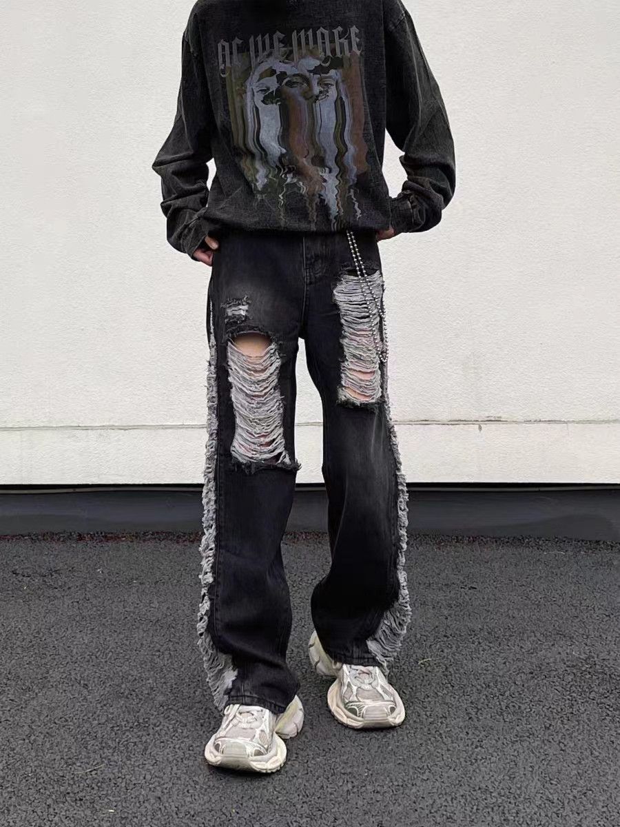 Retro fringed ripped straight-leg draped jeans
