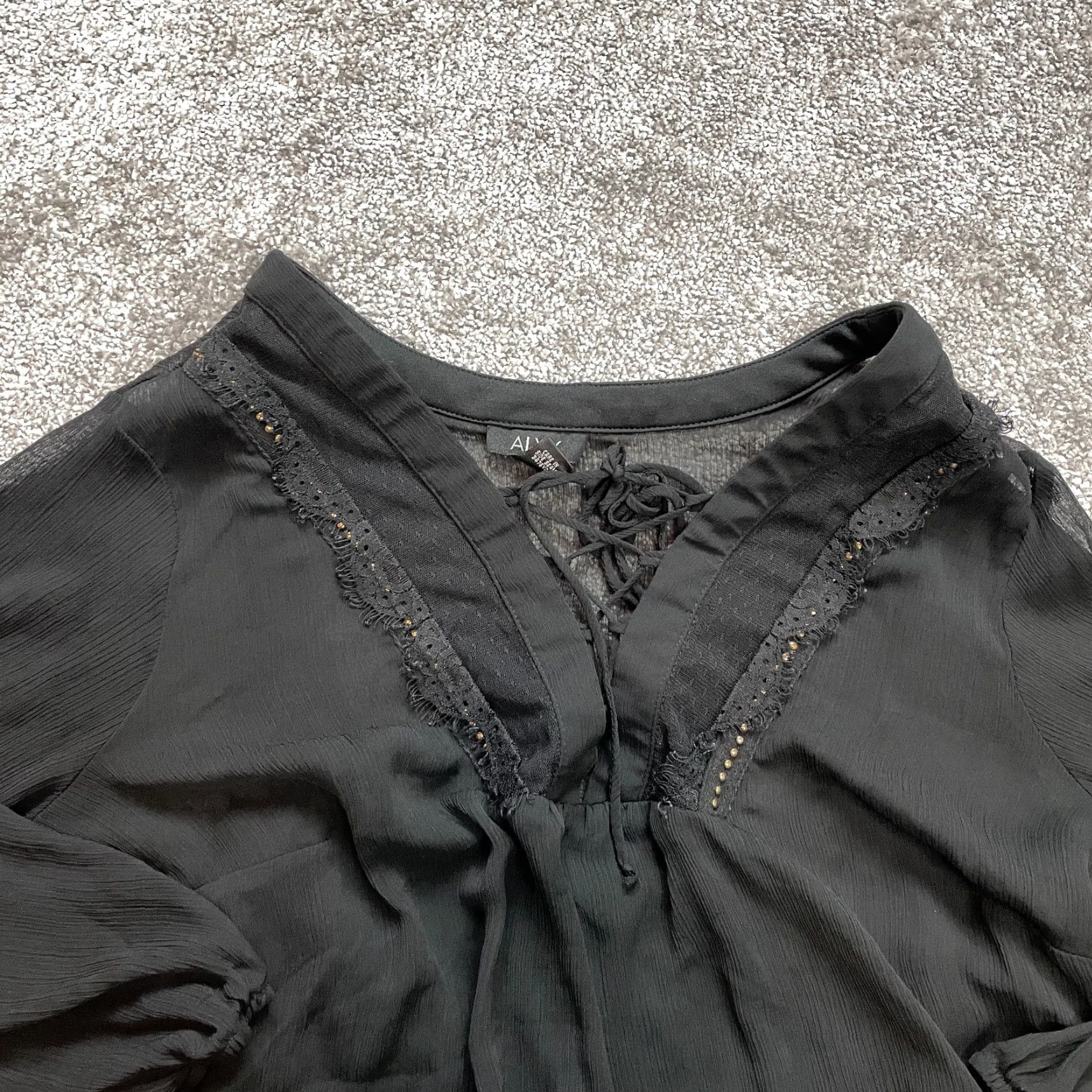 Alyx Alyx Blouse Shirt Womens 2X Black Long Sleeve V Neck Cross Lace Lined Knit Nylon Polyester Tank Top Styling Vintage: No Style: Basic Theme: Peasant Size XXL / US 16-18 / IT 52-54 - 2 Thumbnail