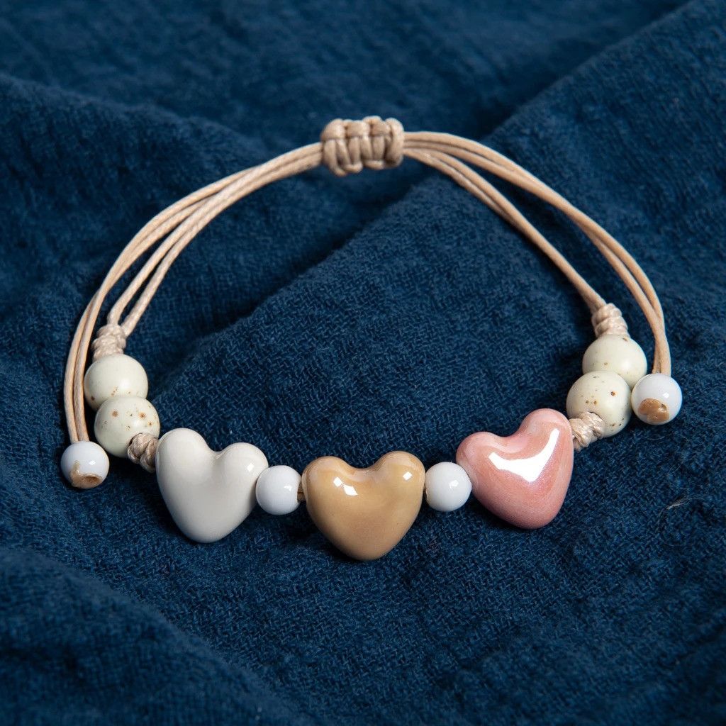 Handmade Triple Heart Ceramic Bracelet Handmade Jewelry Gift For Her Size ONE SIZE - 2 Thumbnail