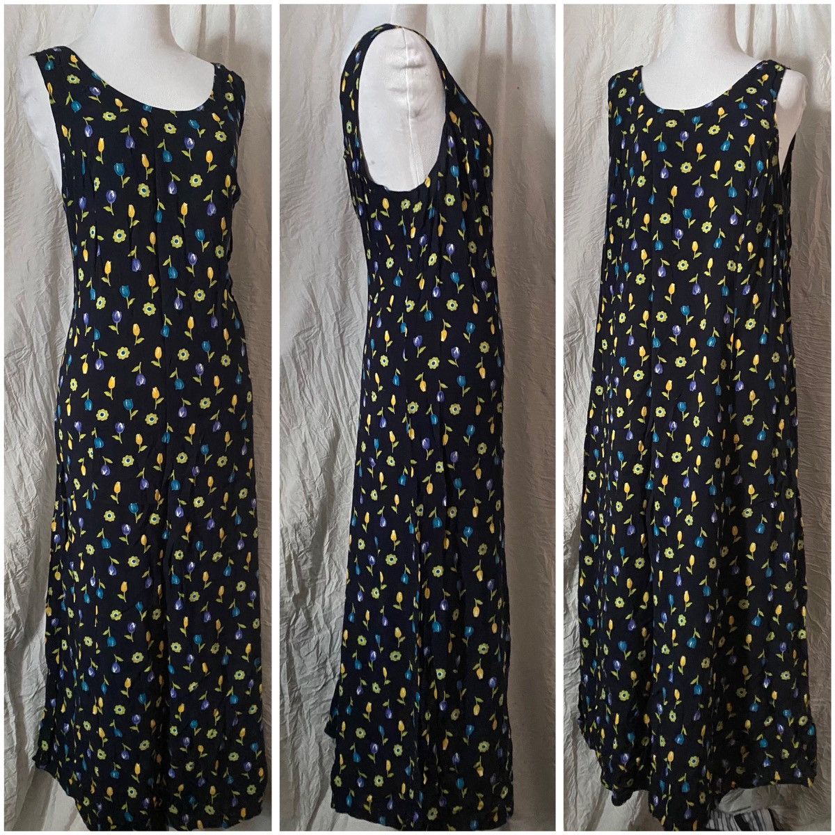 Vintage Vintage, Floral, Navy, Rayon, Sleeveless Maxi Dress Size L / US 10 / IT 46 - 3 Thumbnail