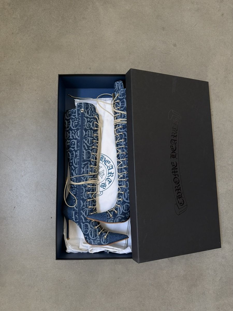 Chrome Hearts Chrome Hearts 'DENIM MONOGRAM' LACE UP KNEE BOOTS Size US 6.5 / IT 36.5 - 2 Thumbnail