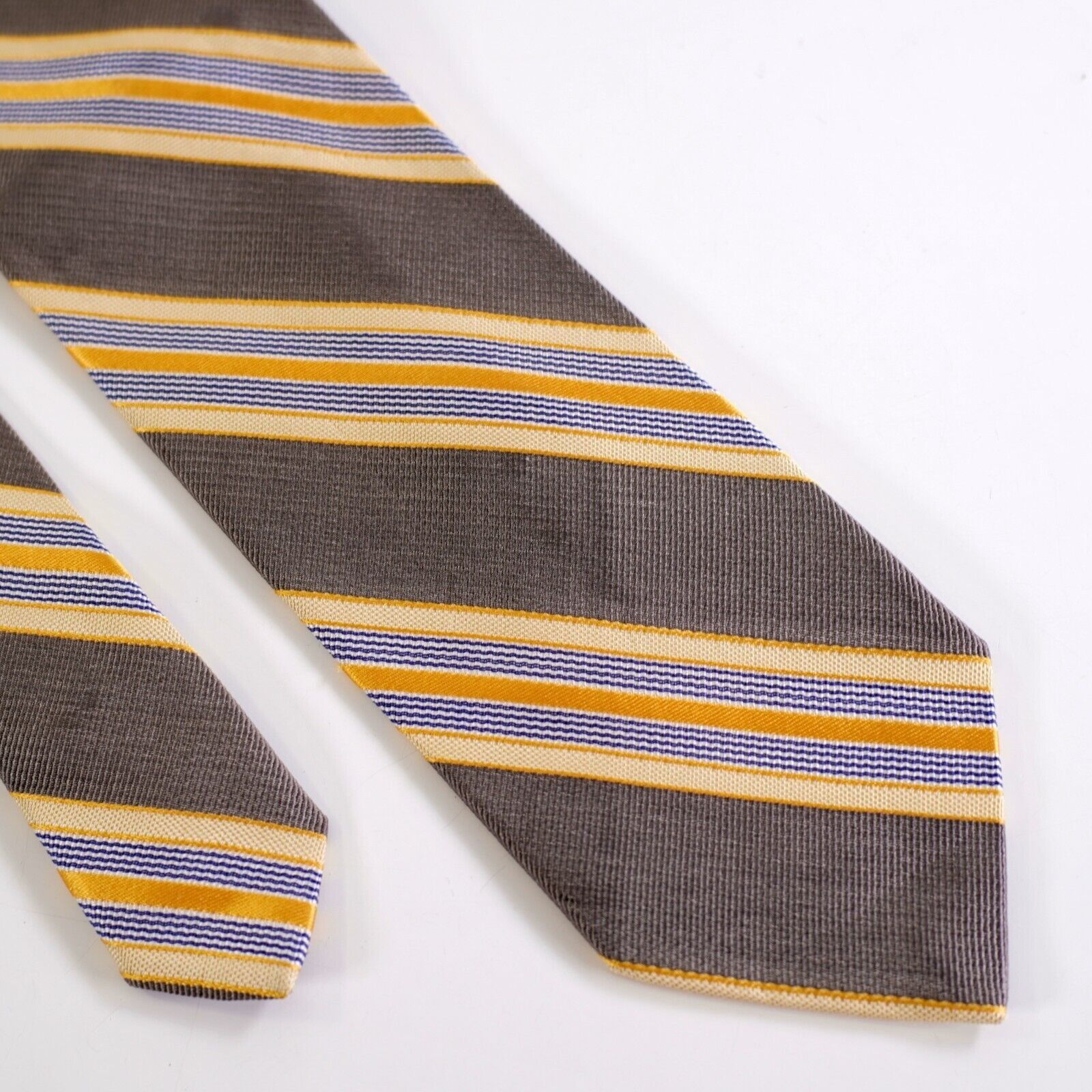 Paul Fredrick Paul Fredrick Gray Yellow Blue Striped Woven Cotton Silk Tie Size ONE SIZE - 1 Thumbnail