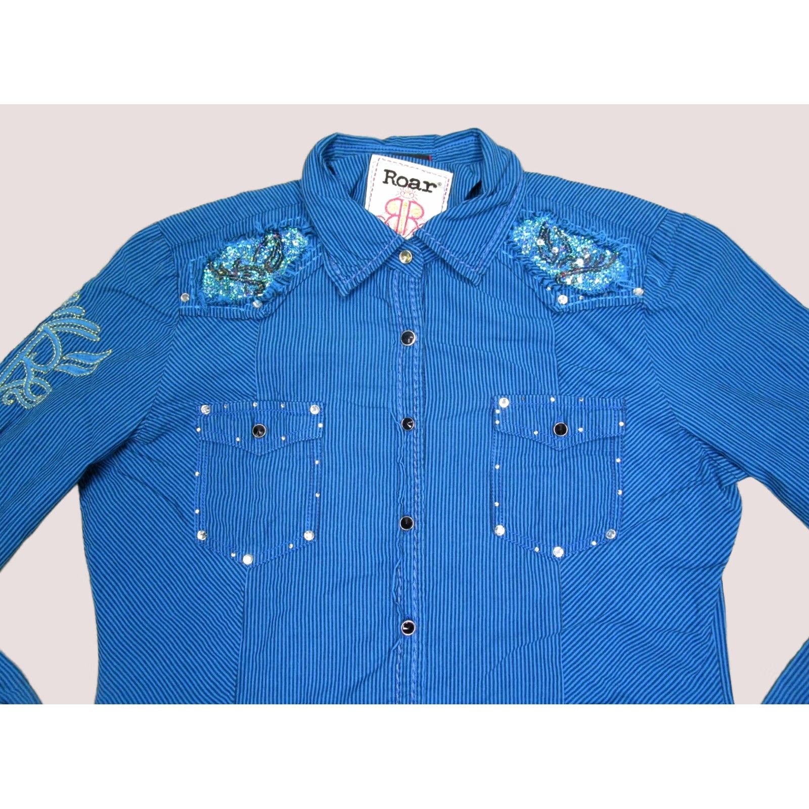 Roar Roar Shirt Women M Blue Striped Western Pearl Snap Beaded Embroidered Rhinestone Cowboy Outdoor Rock Button-Up Y2K Style Size M / US 6-8 / IT 42-44 - 1 Thumbnail