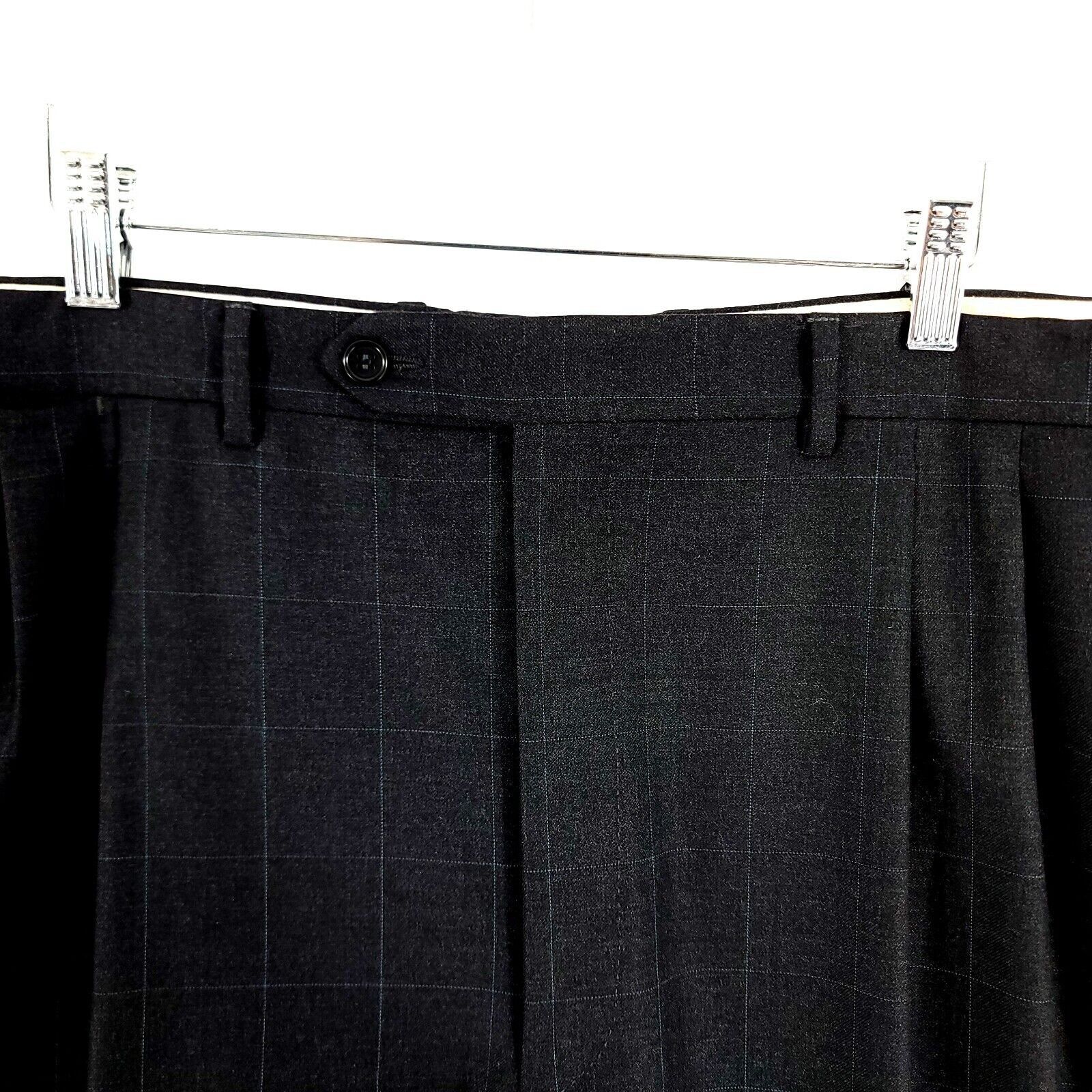 Canali DAMAGED Canali Wool Twill Gray W/ Blue Windowpane Pleated Dr Size 40R - 3 Thumbnail