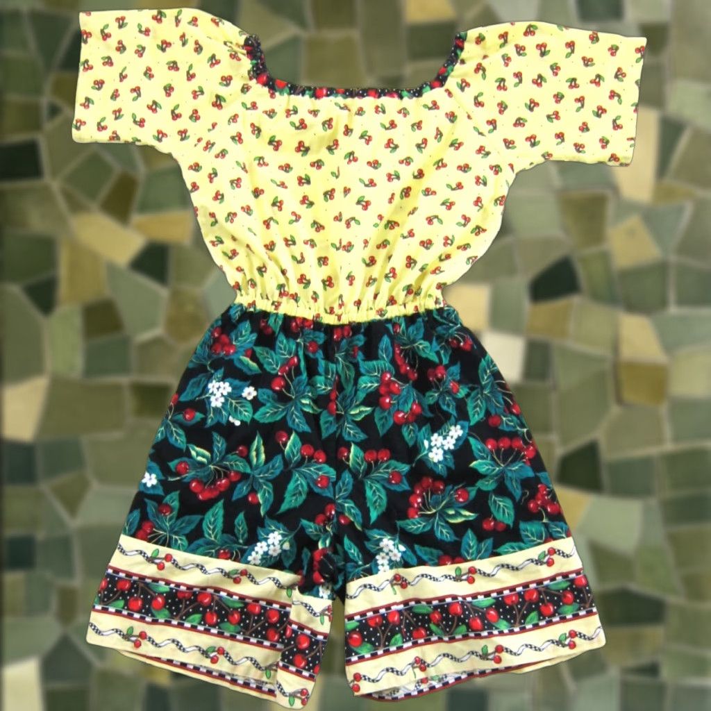 Vintage Vintage Cherry Fruit Floral Yellow Red Green Black Pocket Jumpsuit M Women's One-Piece Short Sleeve Cotton 100% Vintage Jumpsuit with Pockets Size 32" / US 10 / IT 46 - 1 Thumbnail
