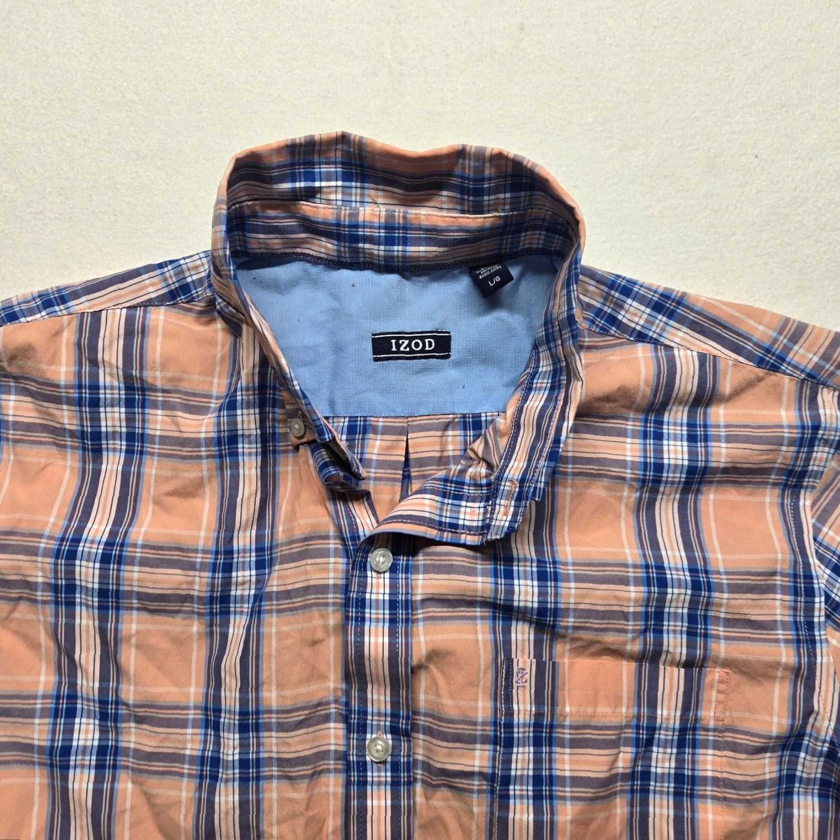 Izod VINTAGE IZOD Men's Short Sleeve Button-Up Shirt Plaid Blue Orange 100% Cotton Casual L Size US L / EU 52-54 / 3 - 2 Thumbnail