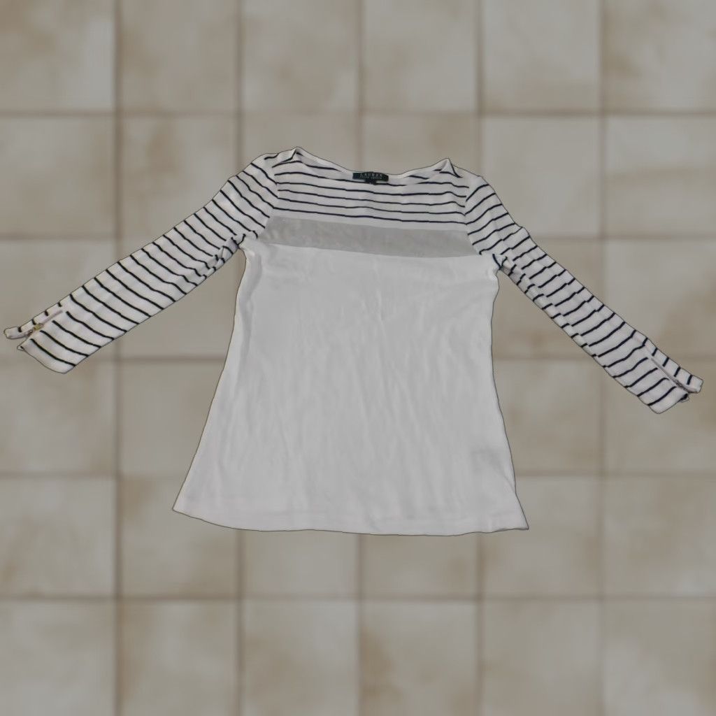 Ralph Lauren Lauren Ralph Lauren Blouse Womens Small White Striped Knit Cotton Zip Round Neck Casual Long Sleeve Regular Fit Geometric Pattern Size S / US 4 / IT 40 - 1 Thumbnail