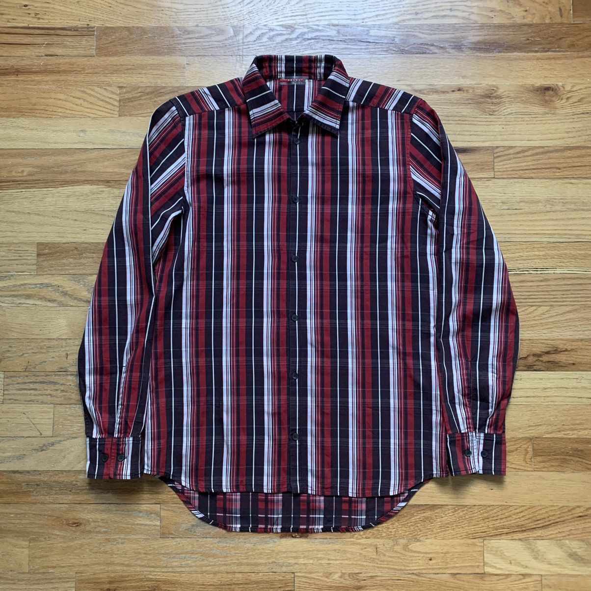 image of Prada Fw2004 Sample Inside Out Plaid Button-Up Shirt in Red/Brown/White, Men's (Size Large)