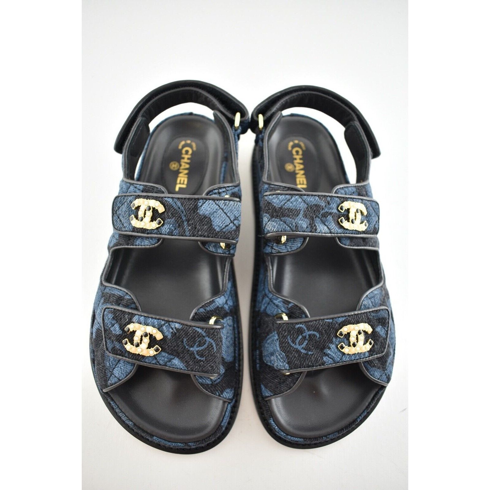 Chanel Chanel 21A Blue Black Grey Denim CC Logo Mule Slide Strap Size US 7.5 / IT 37.5 - 8 Thumbnail