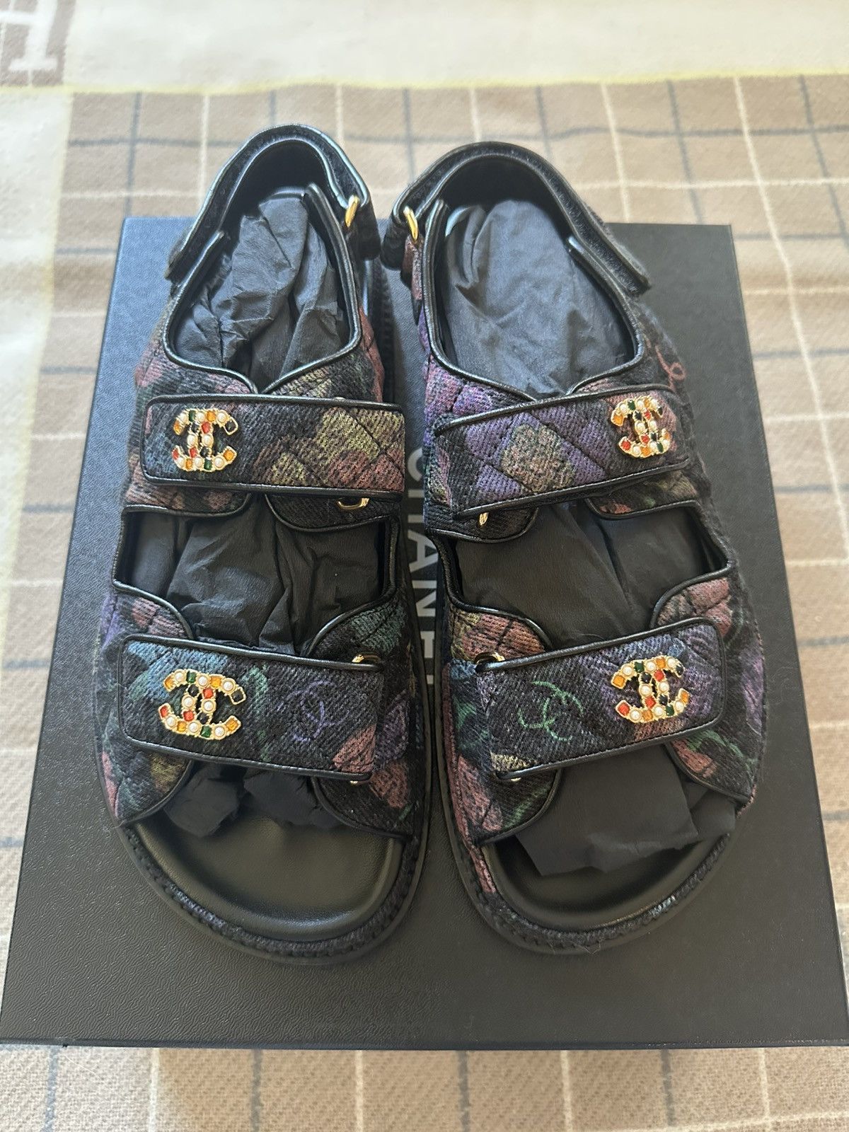 Chanel Chanel 21A black denim printed Dad sandals size 37.5 Size US 7.5 / IT 37.5 - 2 Thumbnail