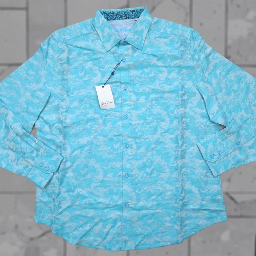 Robert Graham Robert Graham Poseidon Linen Blend Button Up Shirt Paisley Turquoise 2XL Mens Shirt Size US XXL / EU 58 / 5 - 1 Thumbnail