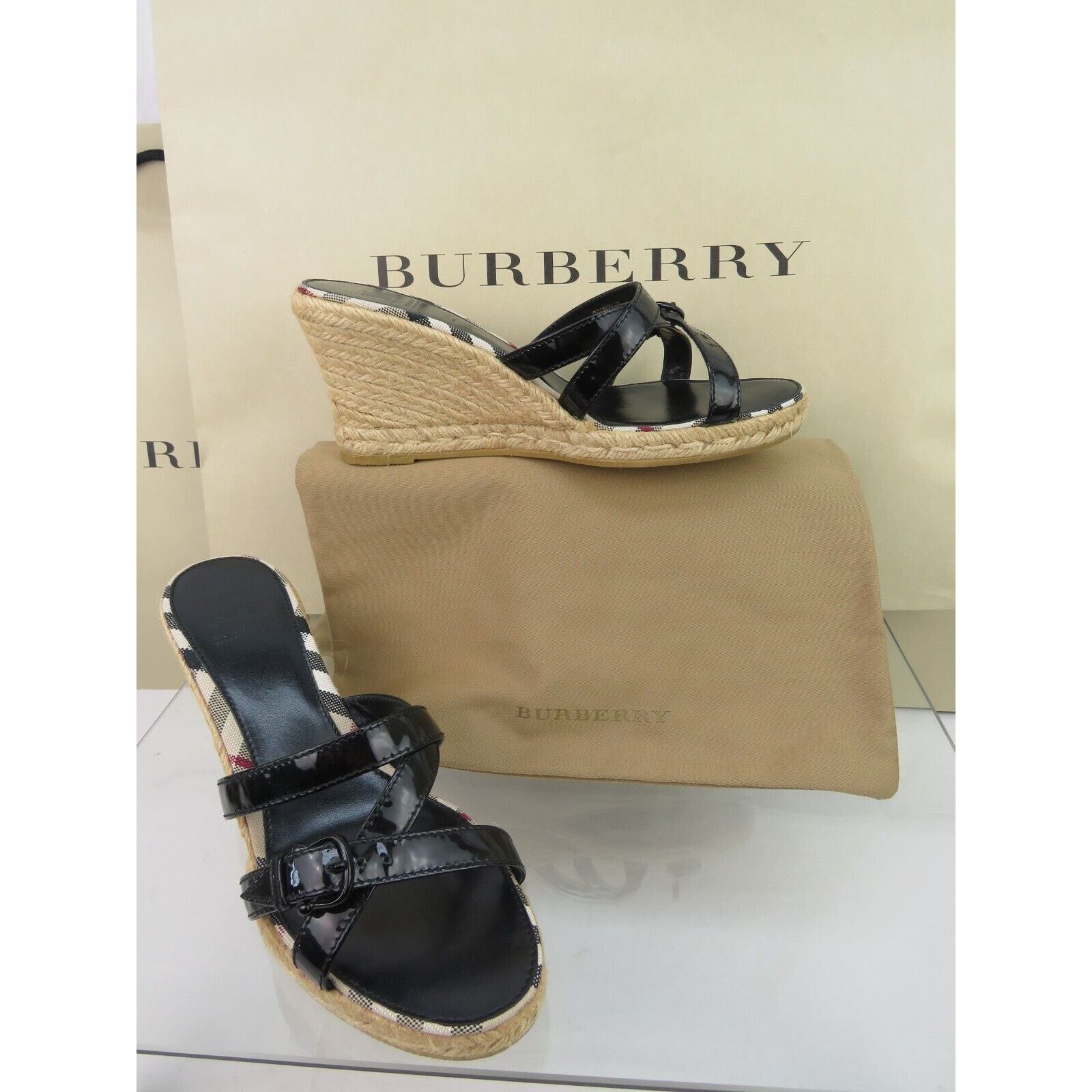Burberry BURBERRY BLACK PATENT LEATHER CHECK ESPADRILLE SANDALS 40 Size US 10 / IT 40 - 6 Thumbnail