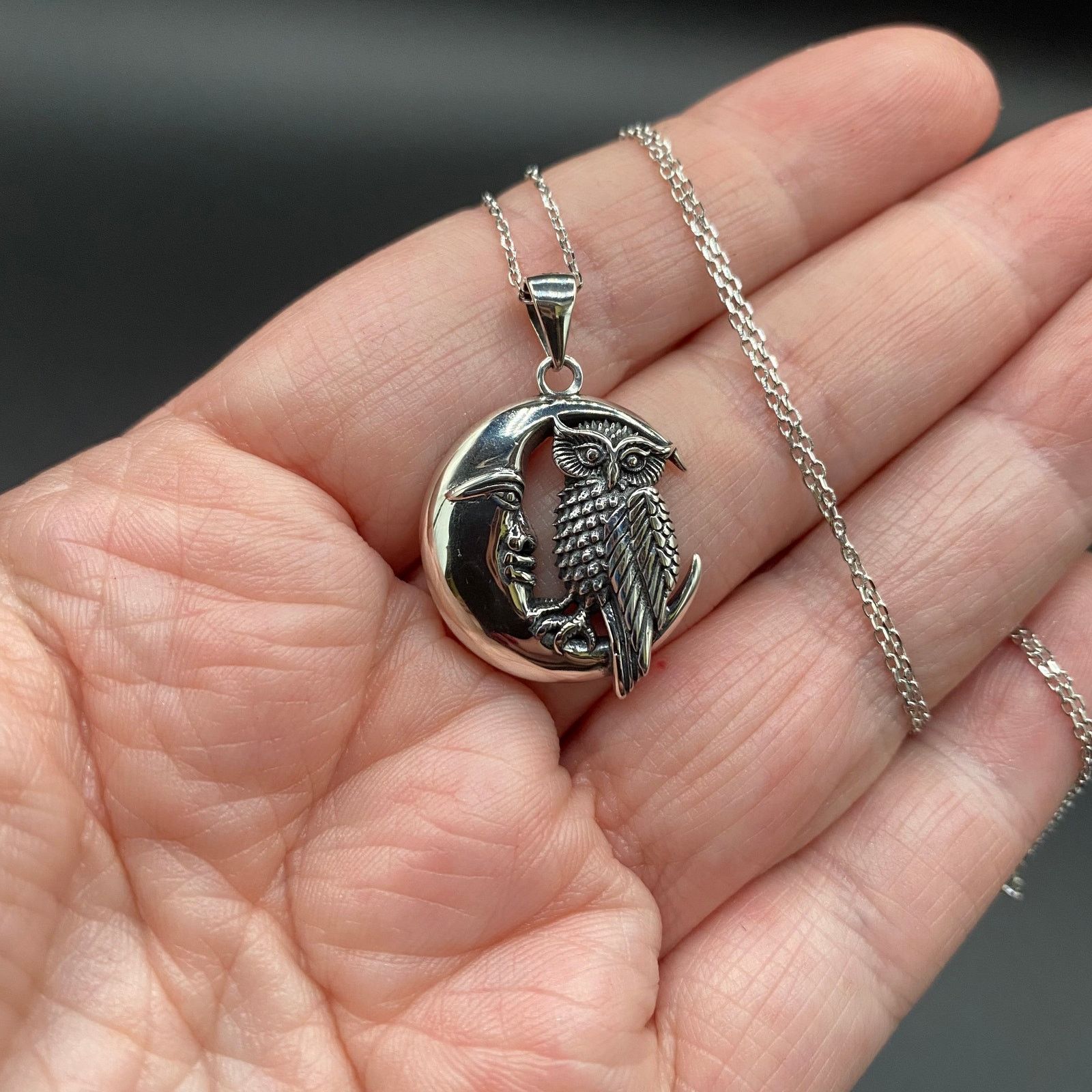 The Unbranded Brand Owl And Moon Sterling Silver Necklace Size ONE SIZE - 3 Thumbnail