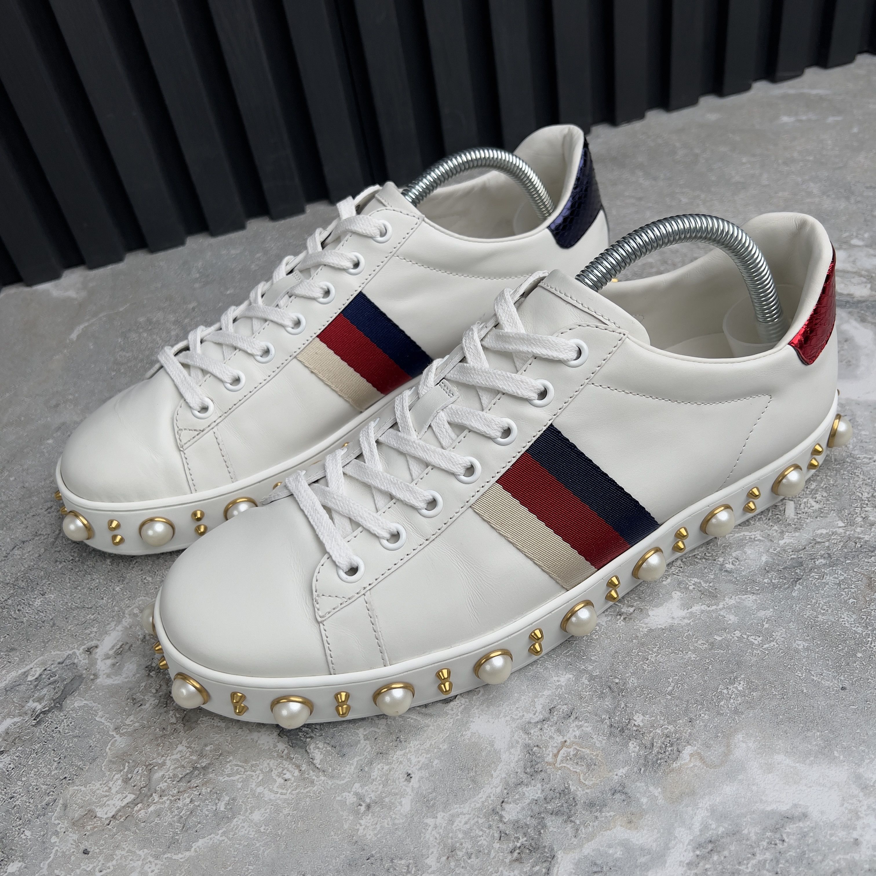 Gucci Gucci Ace Web Studded Sneakers Pearls Leather Size US 10.5 / IT 40.5 - 1 Thumbnail