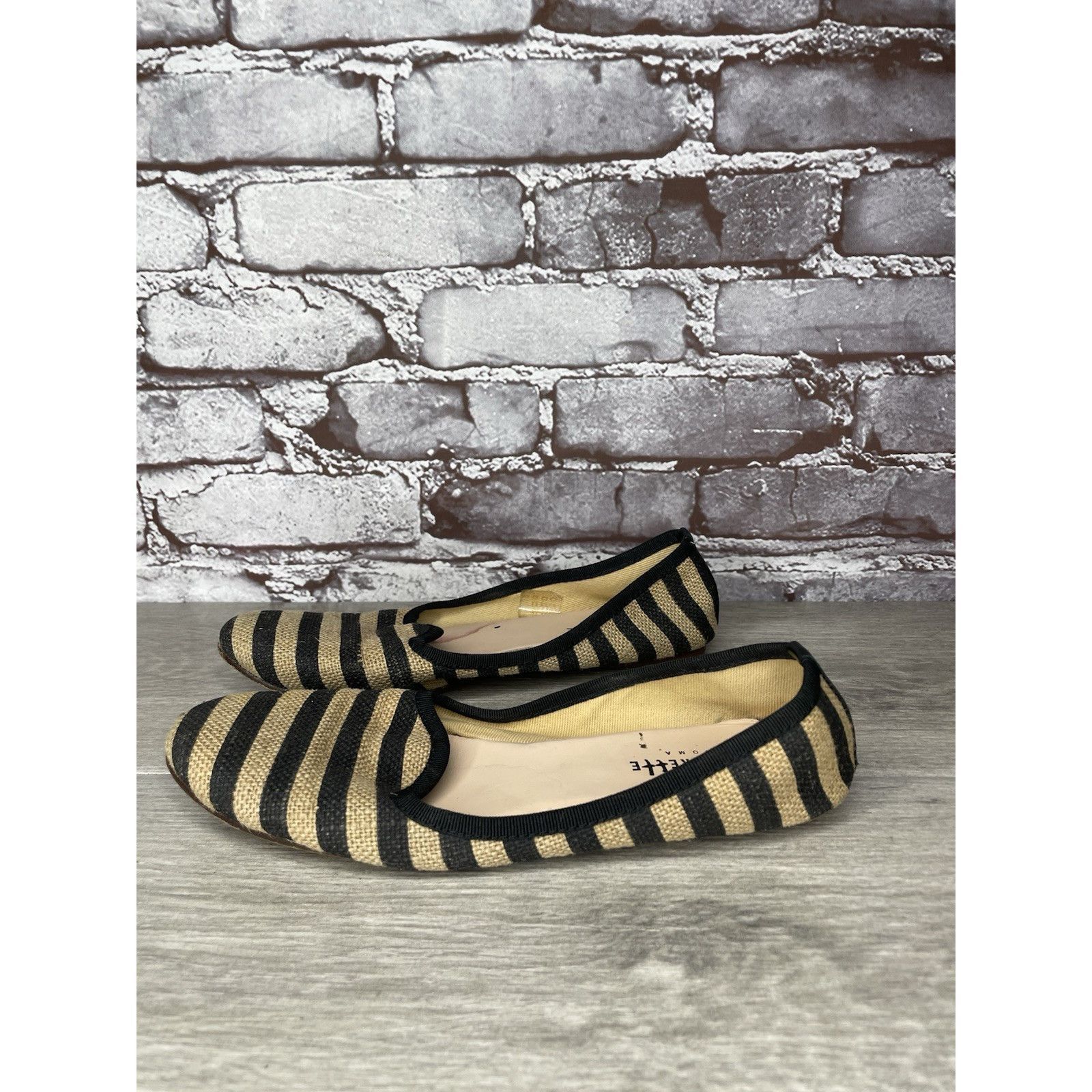 Other Ballerette Roma Tan Black Stripe Canvas Fabric Ballet Flats Size US 6.5 / IT 36.5 - 3 Thumbnail