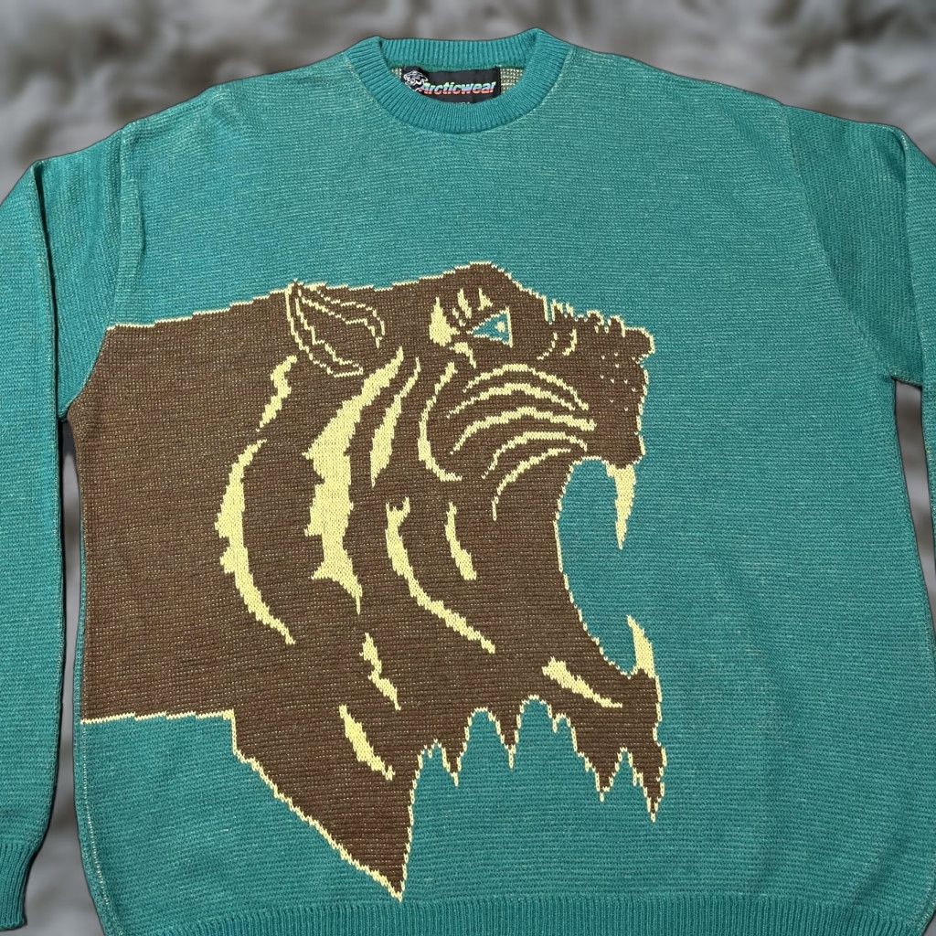 VINTAGE Arcticwear Sweater Mens 2XL Pullover Crew Neck Green Tiger Graphic Print Knit USA 1970s