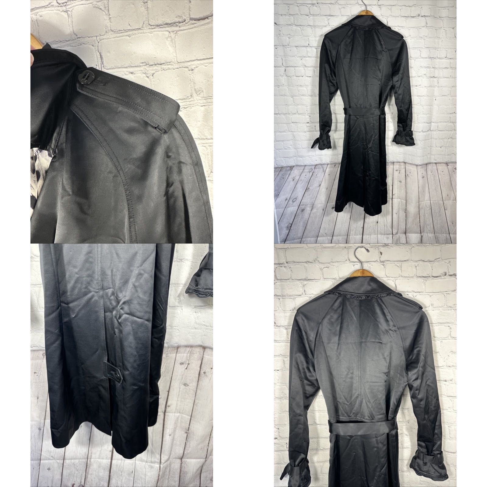 VINTAGE St. John Trench Coat Coat Long Black Ruffles Belted Whimsy Boho Designer Women 2
