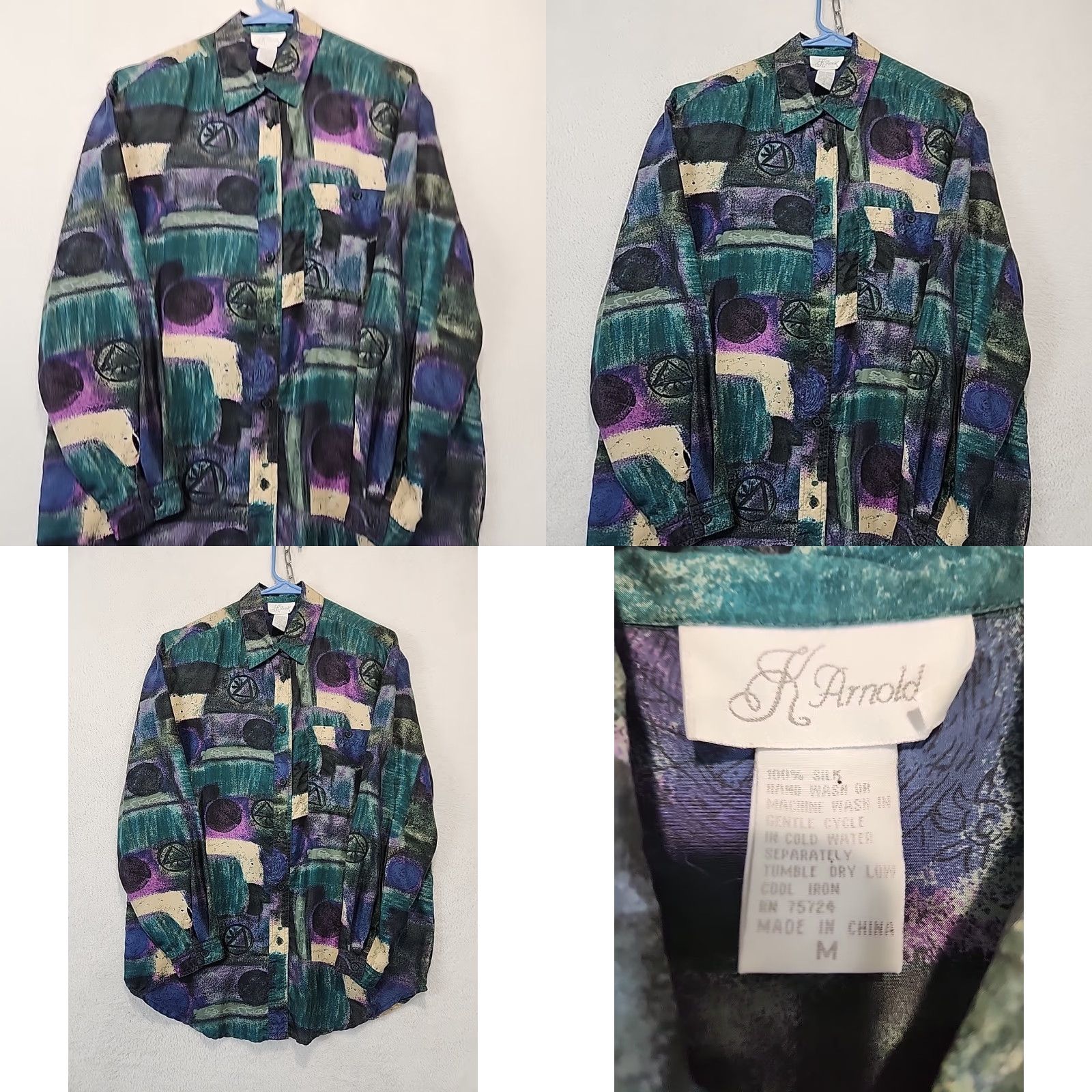 Vintage K. Arnold 100% Silk Women's M Blouse Purple Tan Graphic 80's Print Shoulder Pad Shirt Womens M Purple Tan Graphic 80s Silk Blouse Size M / US 6-8 / IT 42-44 - 8 Thumbnail