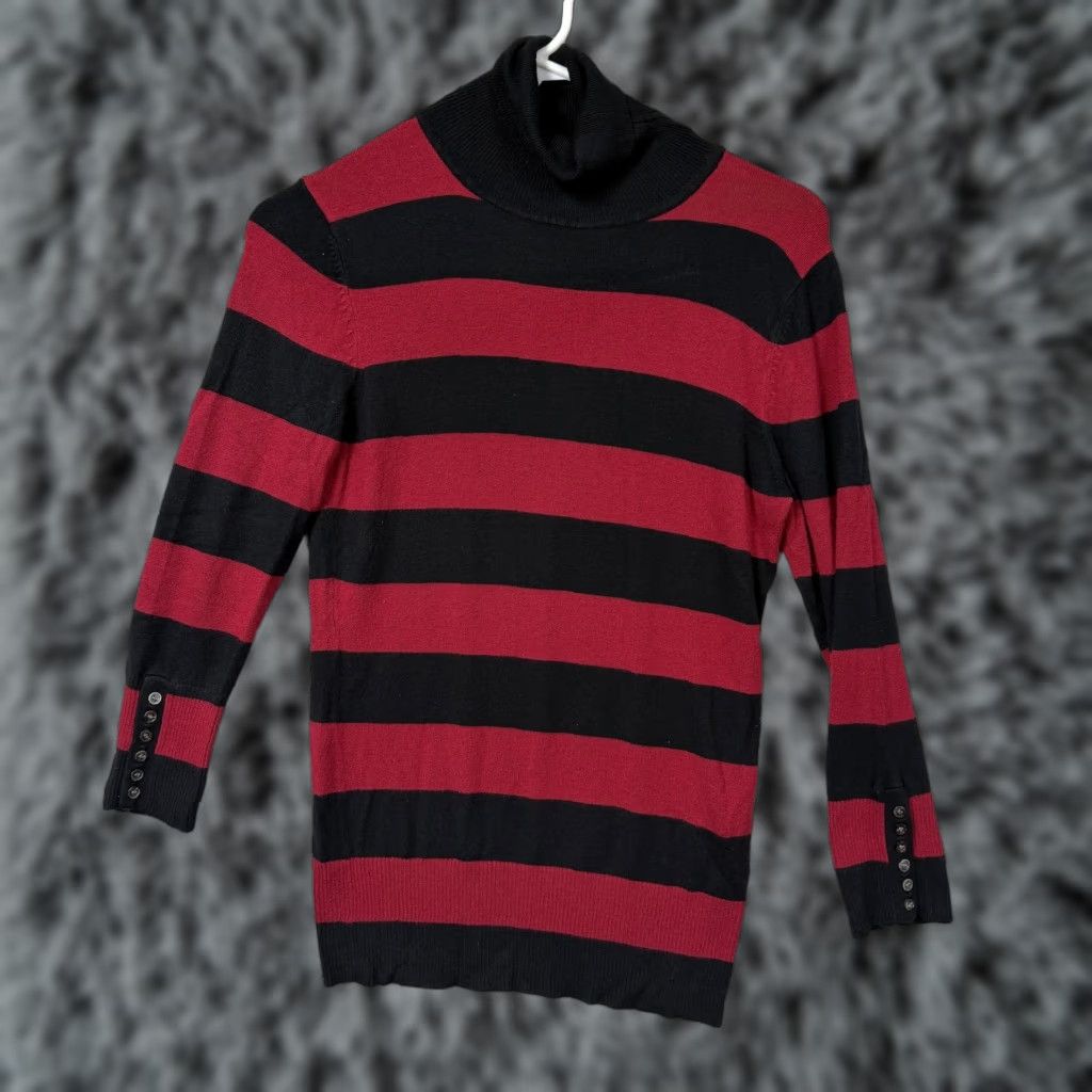 Express VINTAGE Express Sweater Womens M Red Black Striped Turtleneck Ribbed Grunge Emo Alt Goth Size M / US 6-8 / IT 42-44 - 1 Thumbnail
