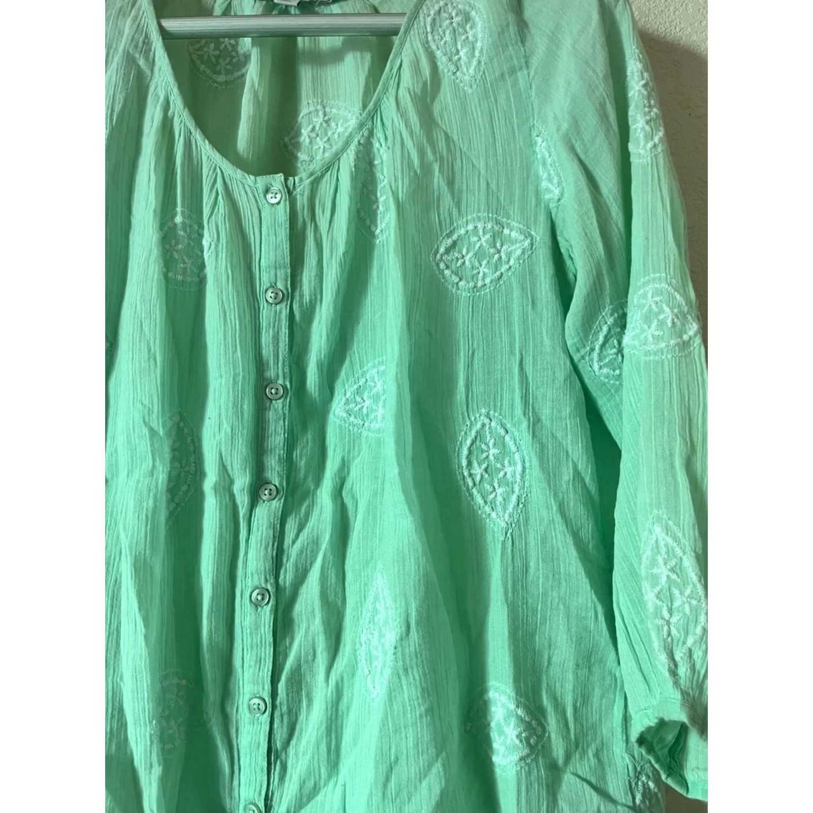 Boden Boden Mint Green Button-Up Embroidered Cotton Top Blouse Sz 8 Lightweight, 3/4 Sleeve, Round Neck, Button Front, Regular Fit, Womens, Vintage: No Size M / US 6-8 / IT 42-44 - 2 Thumbnail