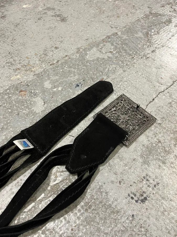 Designer × Roberto Cavalli × Vintage 2000s Roberto Cavalli Square Paved Relic Buckle Frange Suede Leather Belt Size ONE SIZE - 4 Thumbnail