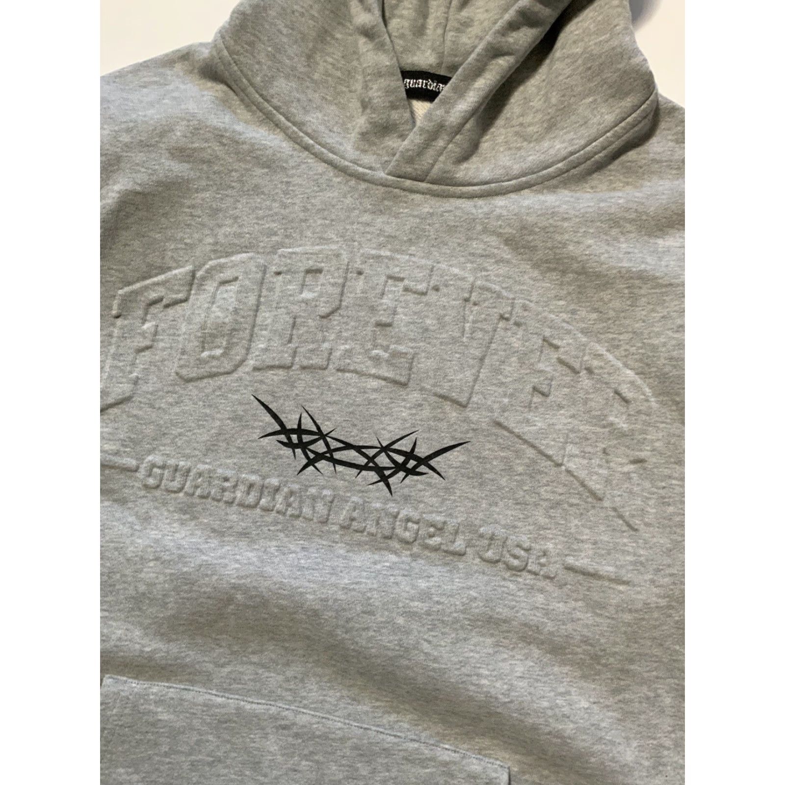 Vintage Guardian Angel Forever Embossed Barbed Wire Heather Gray Pullover Hoodie M Mens Medium Gray Guardian Angel Hoodie Size US M / EU 48-50 / 2 - 5 Thumbnail