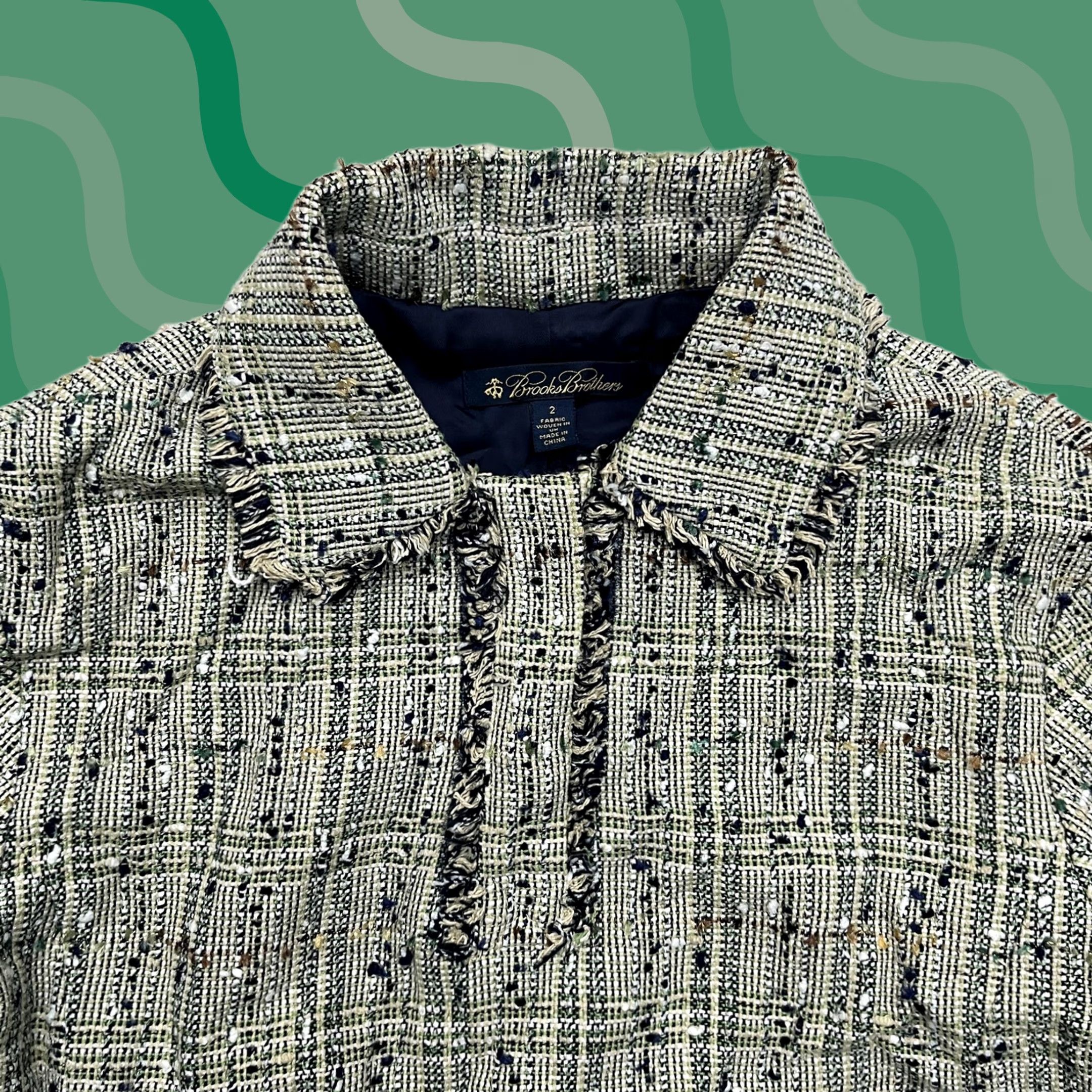 Brooks Brothers Brooks Brothers Jacket Top Blazer Womens 2 Green Tweed Boucle Fringe Lined Plaid Tailored Front Pockets Size XS / US 0-2 / IT 36-38 - 1 Thumbnail