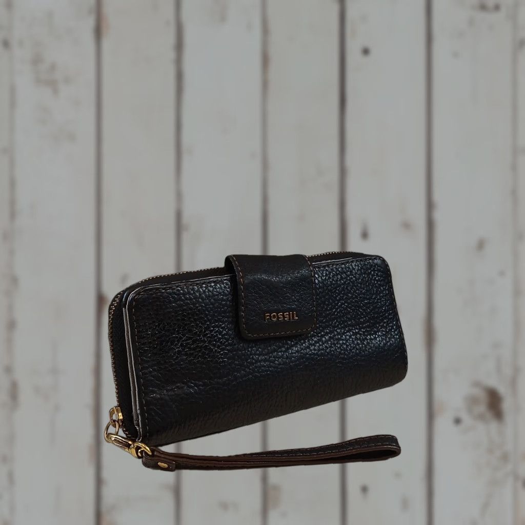 Fossil FOSSIL Wallet Zip-Around Black Pebble Leather L Wallet Wristlet Clutch ID Window Card Slots Retractable Strap Gold-Tone Hardware Women Size ONE SIZE - 1 Thumbnail
