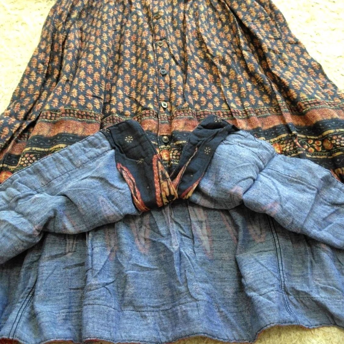 Kapital KAPITAL Cotton Dress Short Sleeve XS Navy×Orange Native Pattern Ladies Size 26" / US 2 / IT 38 - 4 Thumbnail