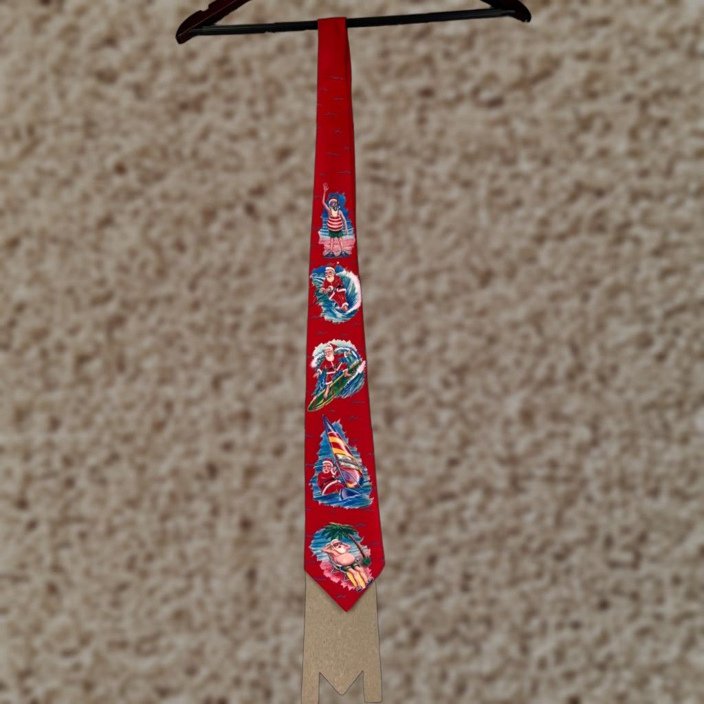 Vintage VINTAGE Ralph Marlin Mens Tie Short Red Snow Man "Surfin Santa" Christmas 1989 Classic Pattern Holiday Man Size ONE SIZE - 1 Thumbnail
