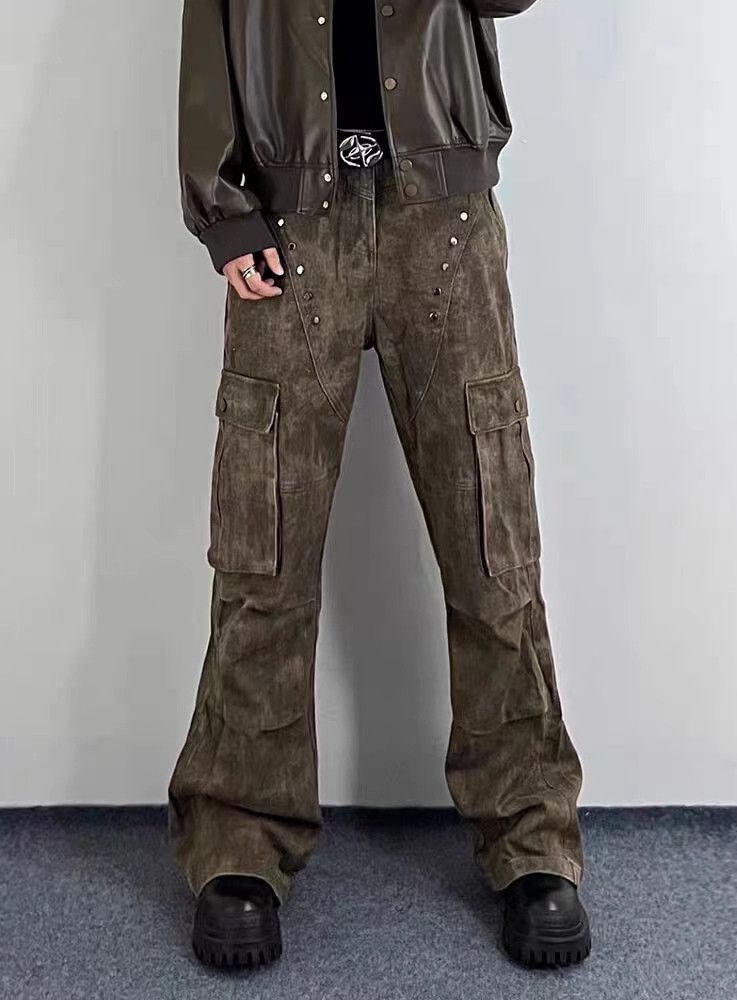 image of Scrap Y2K Skateboarding Hiphop Practical Baggy Jeans in Yellow/Brown, Men's (Size 34)