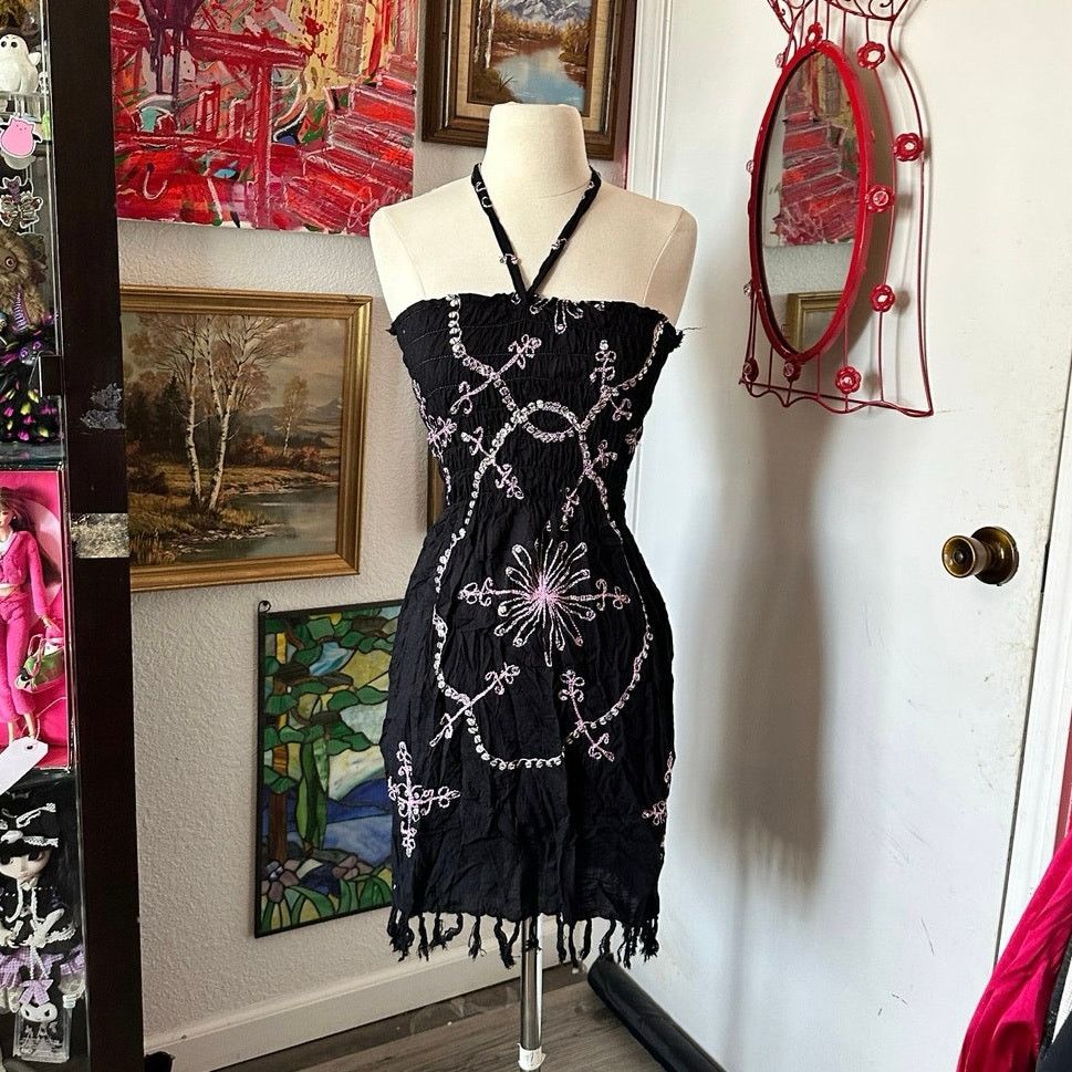 Handmade handmade pink black floral halter mini dress / top Size S / US 4 / IT 40 - 1 Thumbnail